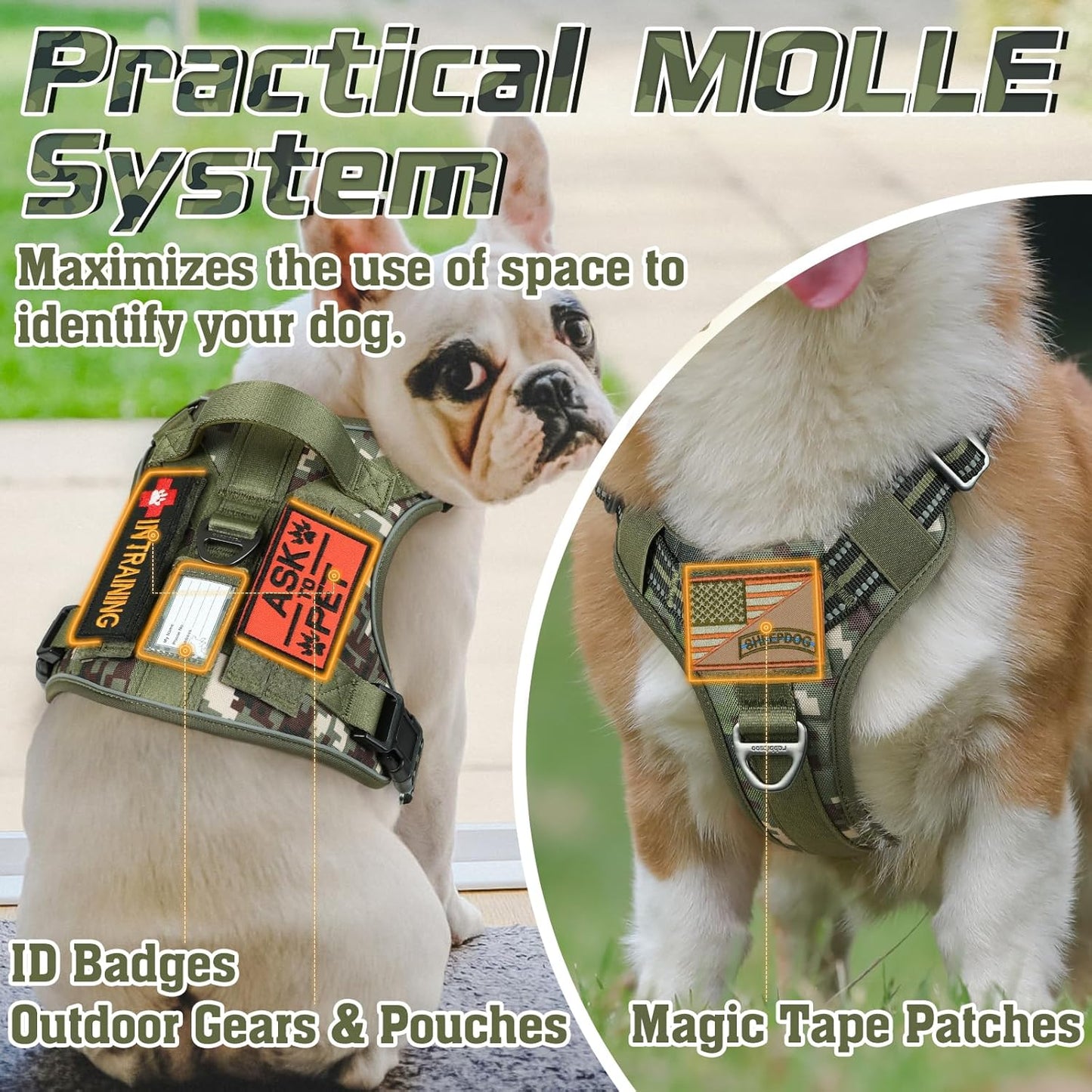 rabbitgoo Tactical Dog Harness Medium Sized Dog, No Pull Military Service Vest with Handle & Molle, Easy Control for Training Walking, Adjustable Reflective Straps, Green camo, M