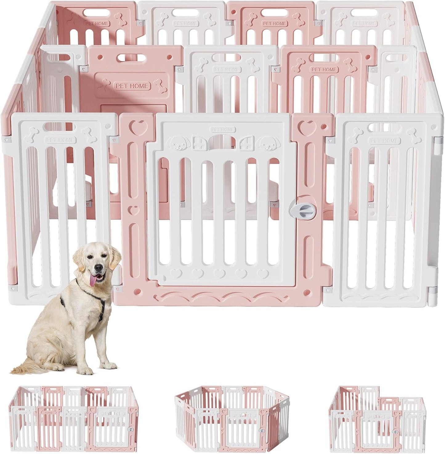 2 Room Dog Playpen with Door,DIY Shape Combination Puppy Pen,16-Panel+2 Link Piece+Large Door+Small Door,25.5" H Dog Fence,Non-Slip&Secure Pet Gate,Easy to Assemble,Pink + White