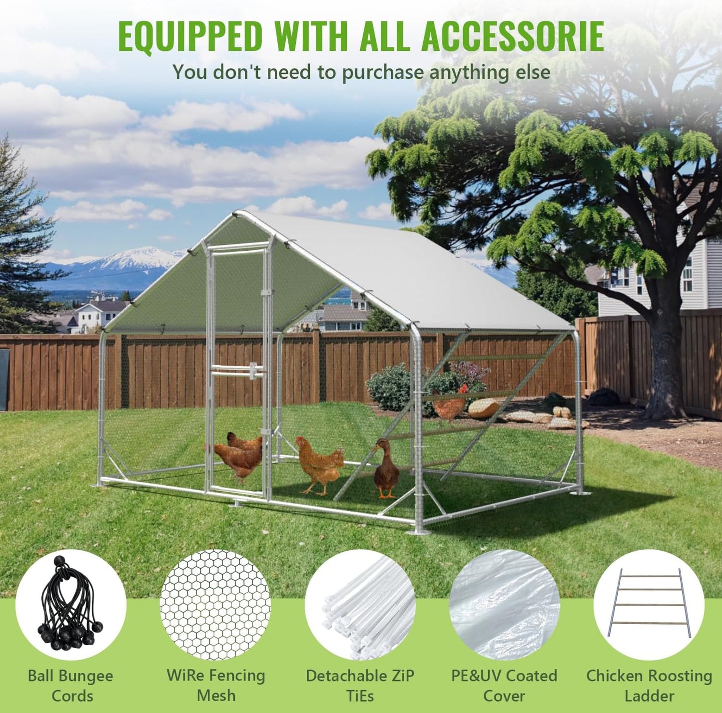 Large Metal Chicken Coop, 10x6.5x6.5FT Chicken Runs for Yard with Cover,