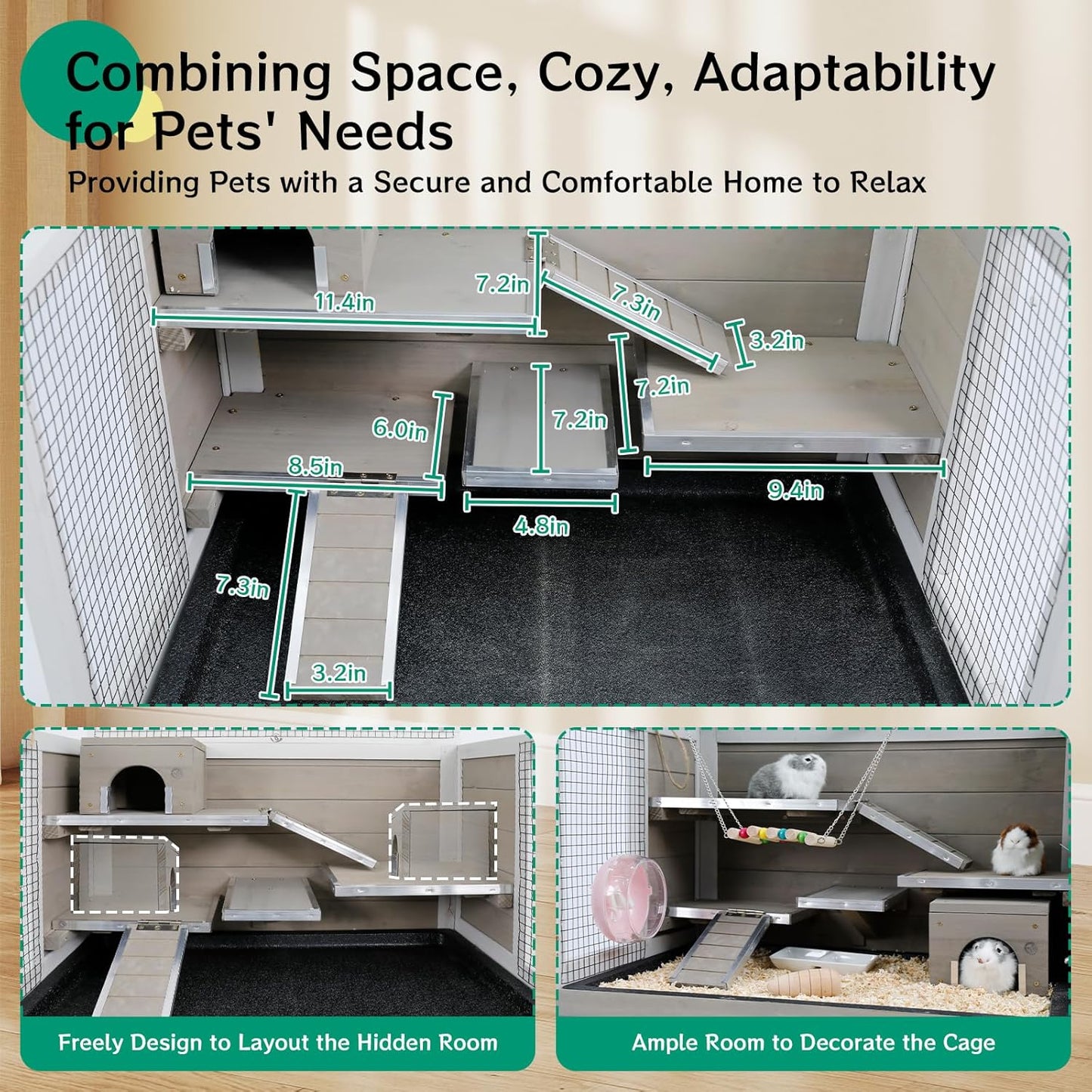 PetsCosset Guinea Pig Cages Hamster Cage Indoor with Stand Storage Wooden Outdoor Small Animals Habitat with Hideout House Pull Out Tray