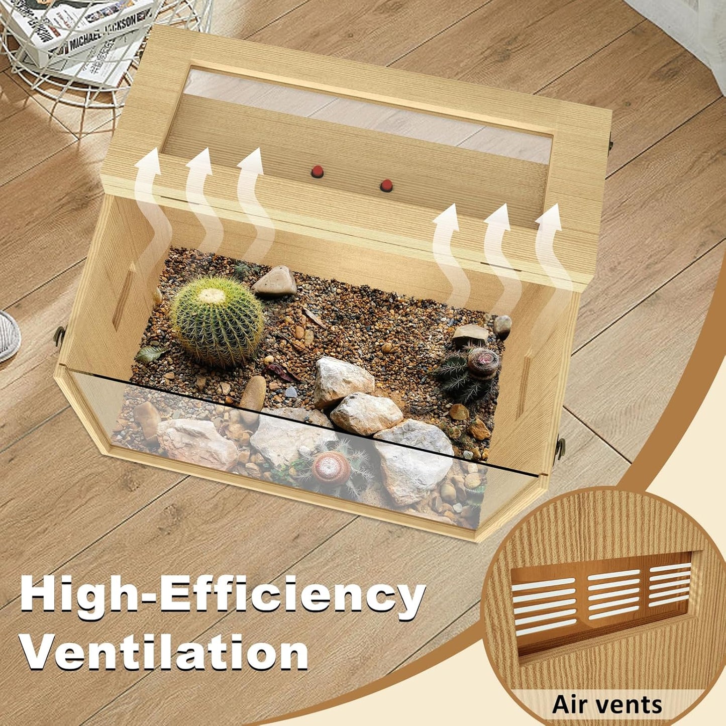 26 Gallon Bearded Dragon & Lizard Tank, Lockable Reptile Terrarium - Large Snake & Leopard Gecko Enclosure with Openable Roof Door (Wooden, 24" L x 16" W x 16" H)