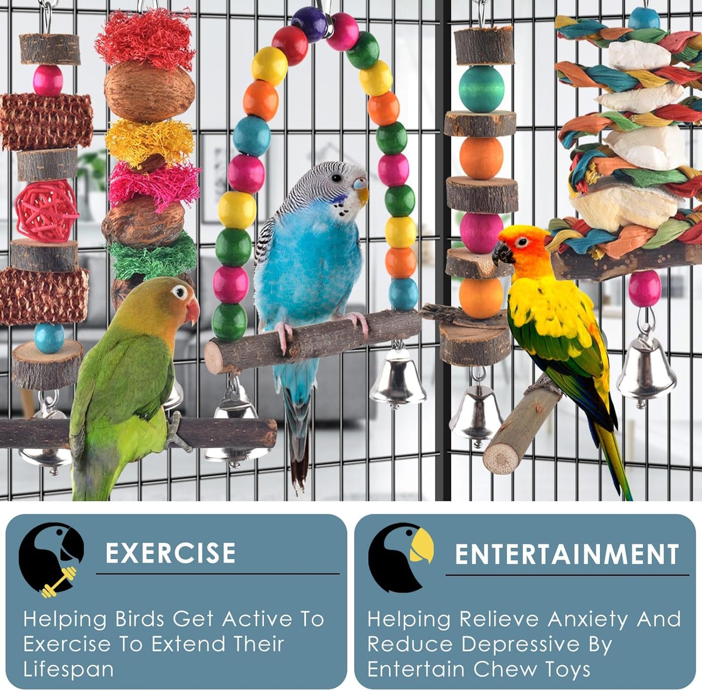Bissap Bird Chew Toys, 7 Packs Parakeet Natural Wood Toys Parrot Hanging Cage Toy Perch Stand for Small Birds Conure Cockatiel Parrotlet Lovebird Budgie