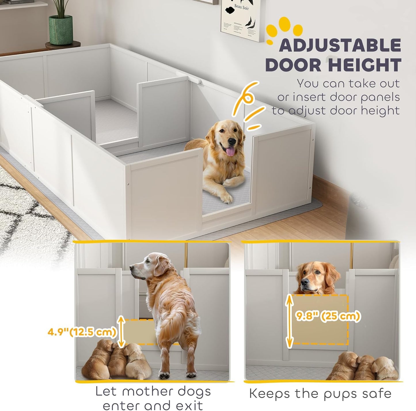 PawHut Whelping Box for Dogs and Puppies, Whelping Pen with Washable Waterproof Pee Pad & Adjustable Door for Large, Medium and Small Dogs, White, 96" x 47" x 19"