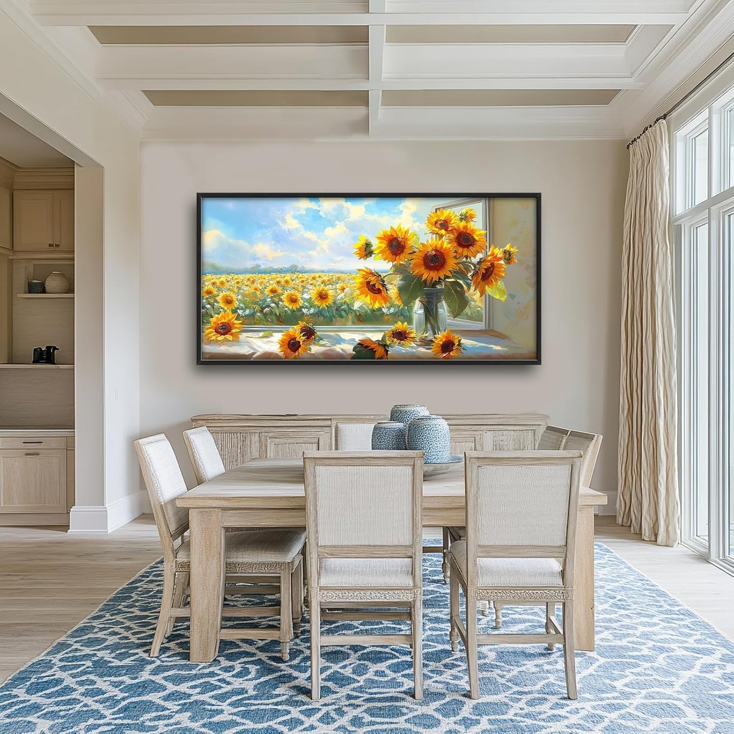 Large Sunflower Wall Art for Living Room, Framed Oversized Flower Field Wall Decor Nature Landscape Canvas Painting Modern Artwork for Living Room Bathroom Bedroom Office Dining Room 60"x30"