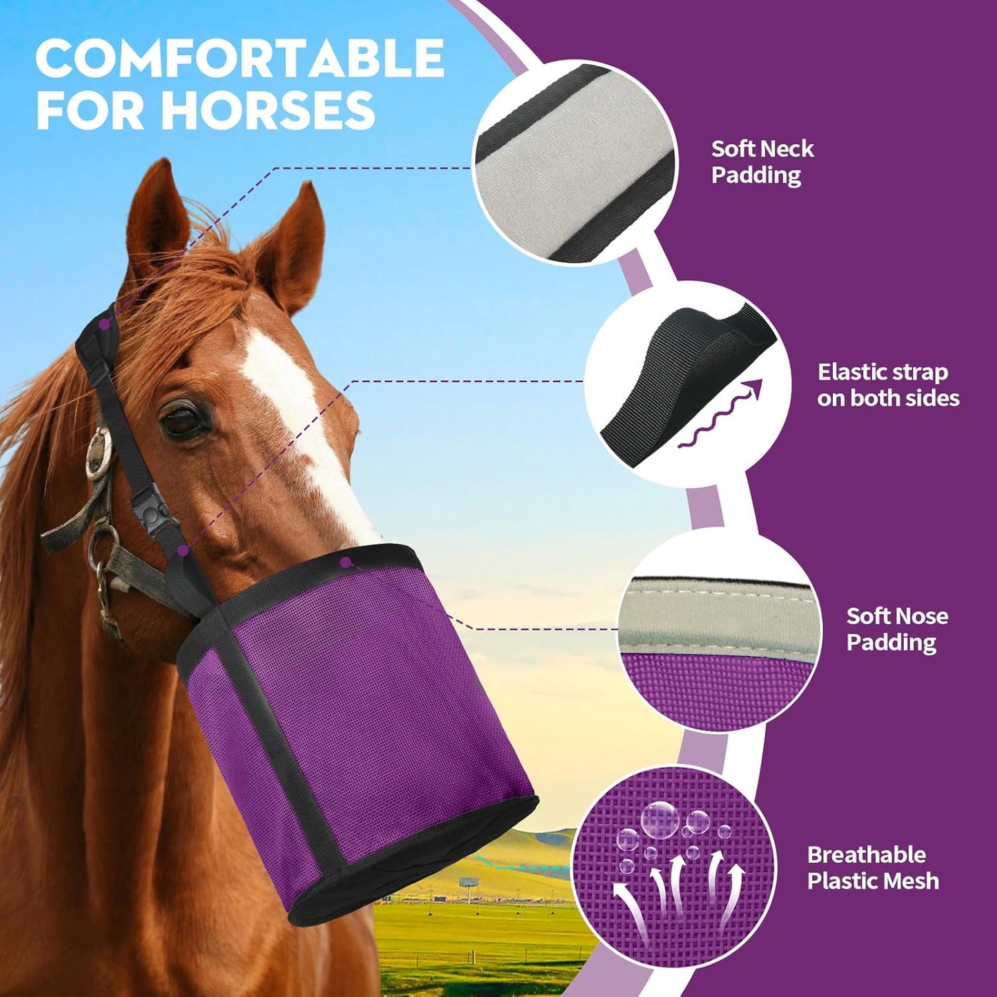 Horse Feed Bag 2 Pcs, Mesh Feed Bags for Horses, Muzzle Feedbag for Feeding Grain, Anti-Spill Design Feeder, Soft Neck Pad Nose Pad, Universal Fit (Purple, Pack of 2)