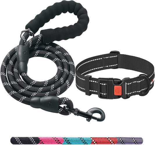 Heavy Duty Dog Leash - Comfortable Padded Handle, 5 ft Long - Dog Leashes for Small Medium Large Dogs (Leash+Collar S Neck 13.5"-16", Black)