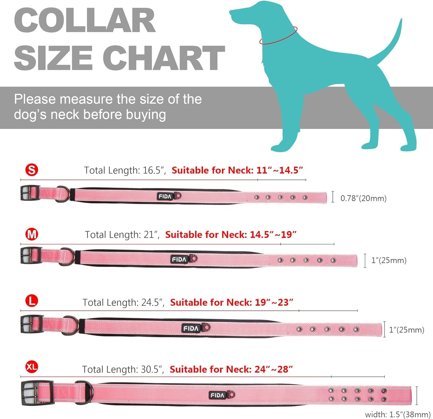 Fida Heavy Duty Dog Collar 1.5” Width, Ultra Soft Neoprene Padded, Adjustable Reflective Nylon Pet Collar with Two Metal Pin Belt Buckle for Large/X-Large Breeds (XL, Pink)
