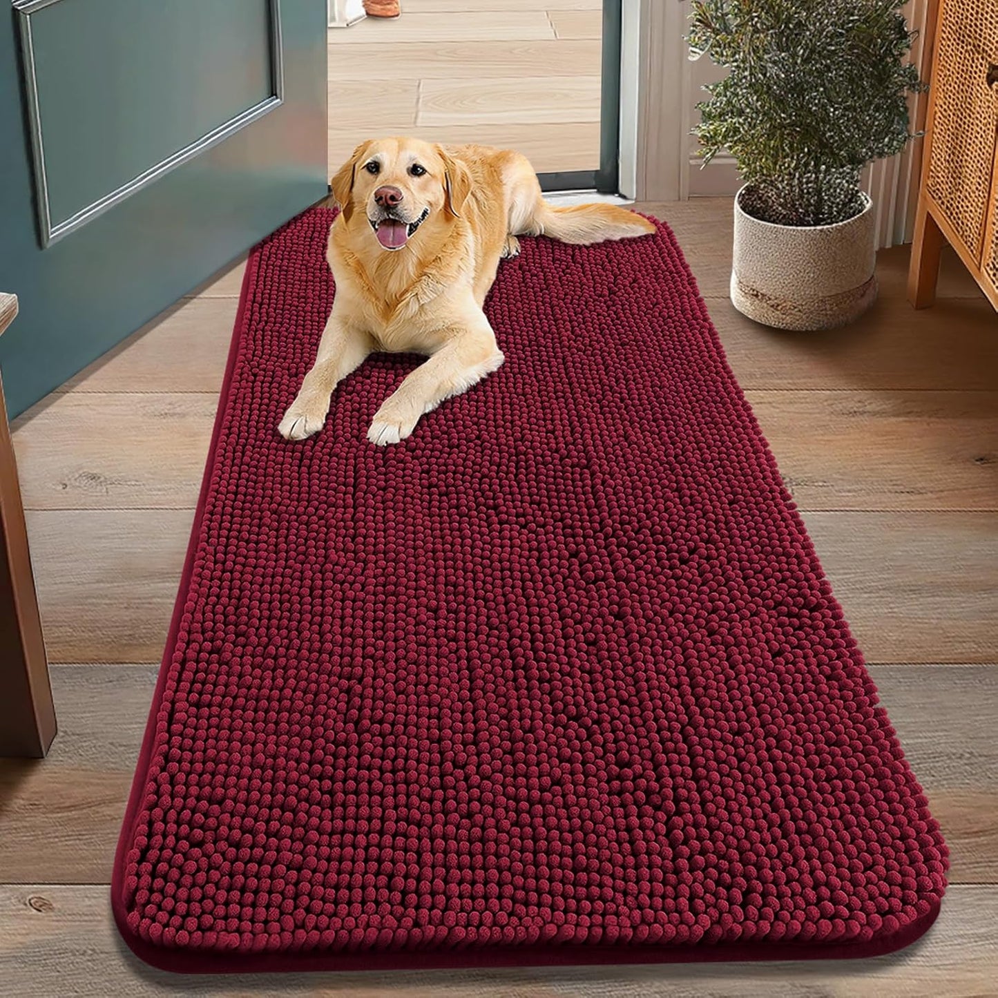 Smiry Dog Door Mat for Muddy Paws 48x30, Absorbs Moisture and Dirt Doormat, Non-Slip Washable Quick Dry Chenille Front Door Mat Indoor Entrance, Entryway Carpet for Inside Floor, Burgundy