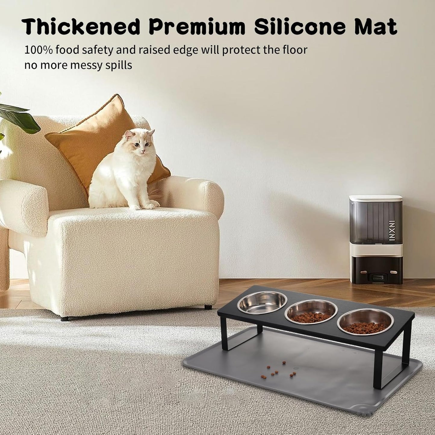 Upgraded Elevated Cat Bowls with Food Mat,15°Tilted Stand Anti Vomiting Raised Cat Dishes for Food and Water,3 Stainless Steel Bowls for Cats and Puppy（Black）