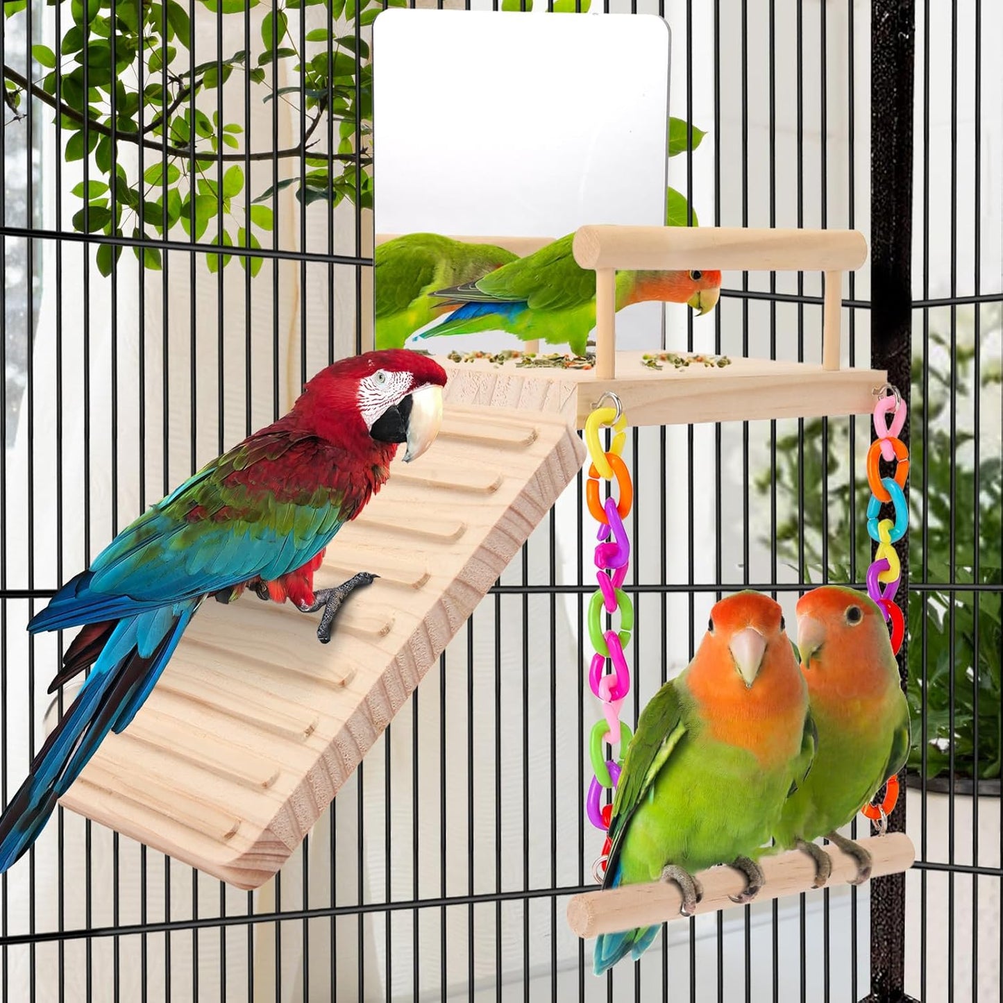 KyoukiBird Perch Platform Bird Toys with Bird Mirror Climbing Ladder Swing, Parakeet Cage Accessories - for Cockatiels, Lovebirds, Budgies,Pacific Parrotlets,Finch,Canaries - Wooden Play Gym
