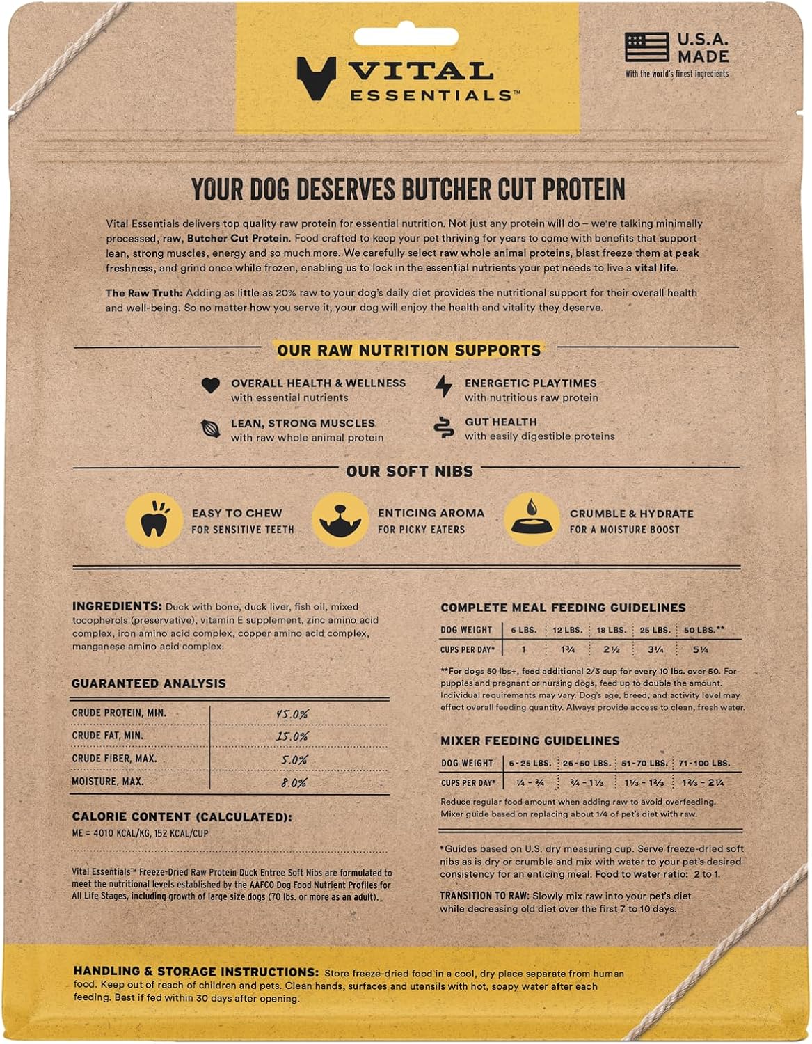 Vital Essentials Freeze-Dried Raw Duck Meal or Mixer Dog Food Soft Nibs | 99% Duck, Organs & Bone | 14 oz