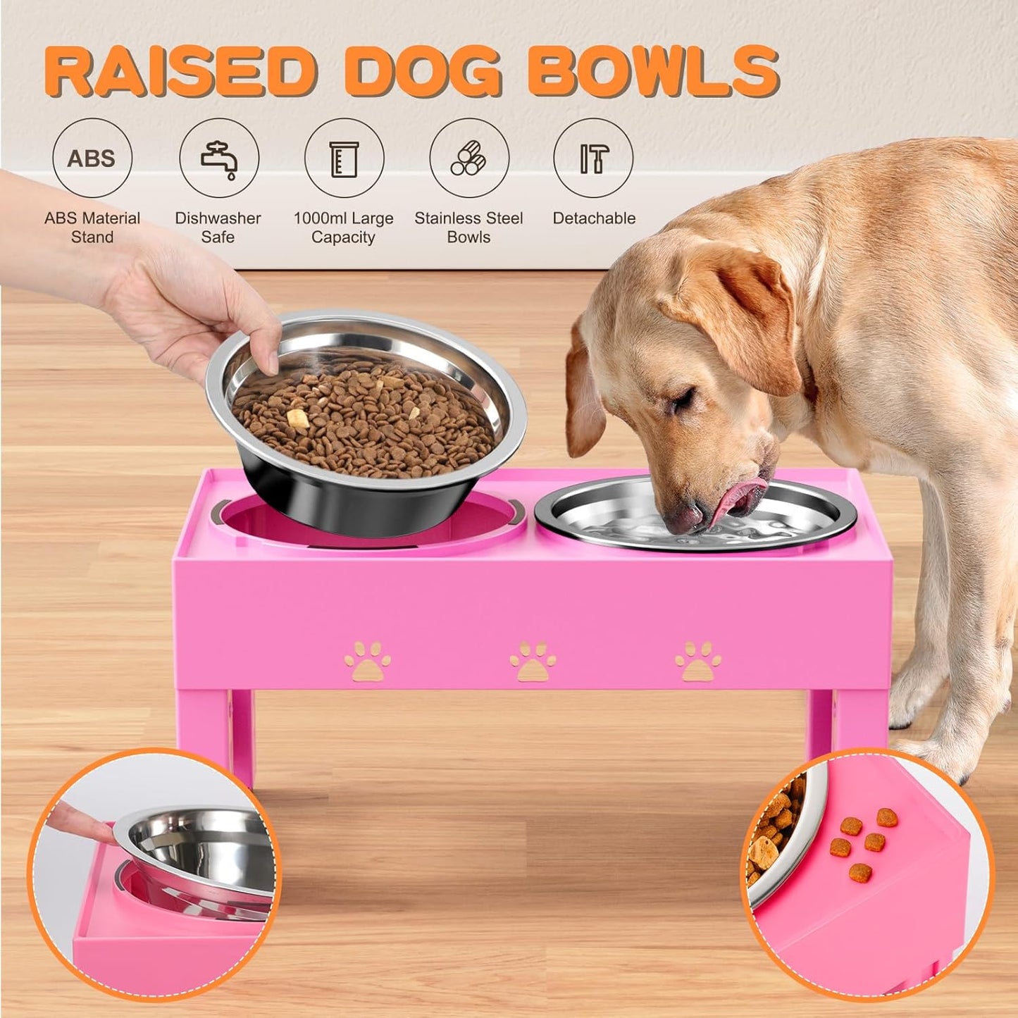 Elevated Dog Bowls with Mat, Raised Dog Food Bowl Stand with 2 Stainless Steel Bowls, 5 Height Adjustable (3.1", 9", 10", 11", 12") Non-Slip Feeder Set for Medium and Large Dogs – Pink