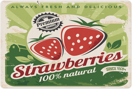 Lunarable Strawberry Pet Mat for Food and Water, Farmers Market Poster Design with Grunge Worn Out Effect, Non-Slip Rubber Mat for Dogs and Cats, 18" X 12", Red Green