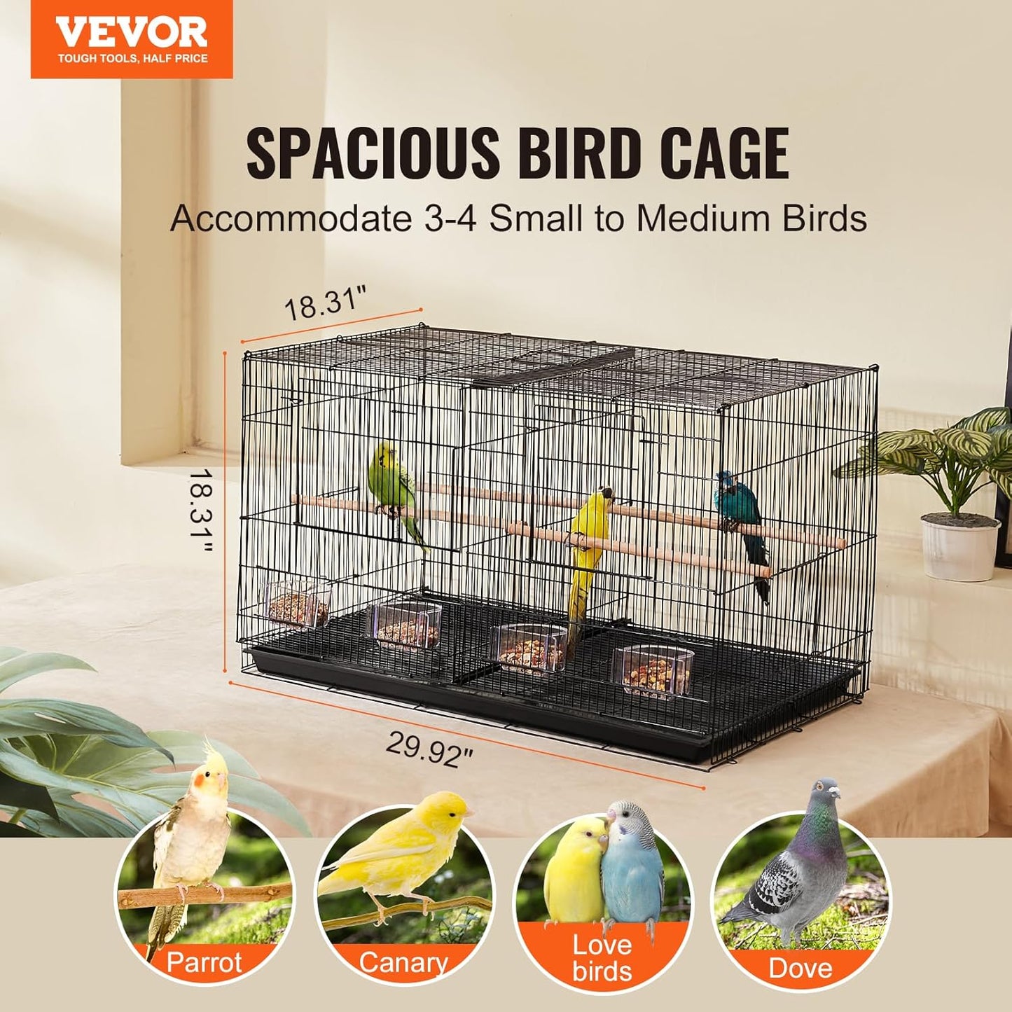 VEVOR 30-inch Flight Bird Cage, Stackable Divided Small Parakeet Cage for Parrots Canaries Cockatiels Lovebirds Finches Budgies Conures Macaws Pet Travel Birdcage with Handle and Perches