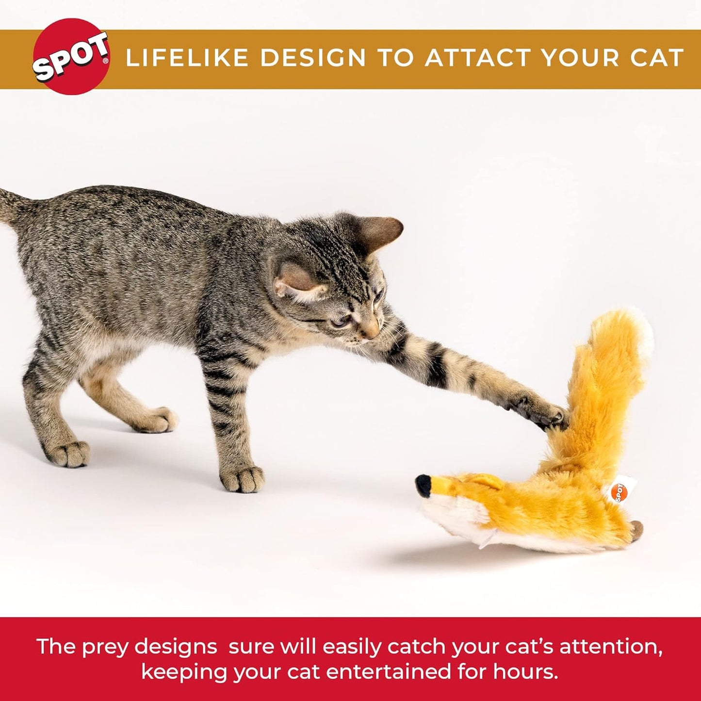 SPOT Flippin’ Skinneeez Fox - Interactive Cat Toy with Catnip - Touch Activated Flopping, Wiggling, Moving Toy for Cats and Kittens, USB Rechargeable, Washable, Large Size for Cats to Hug and Kick