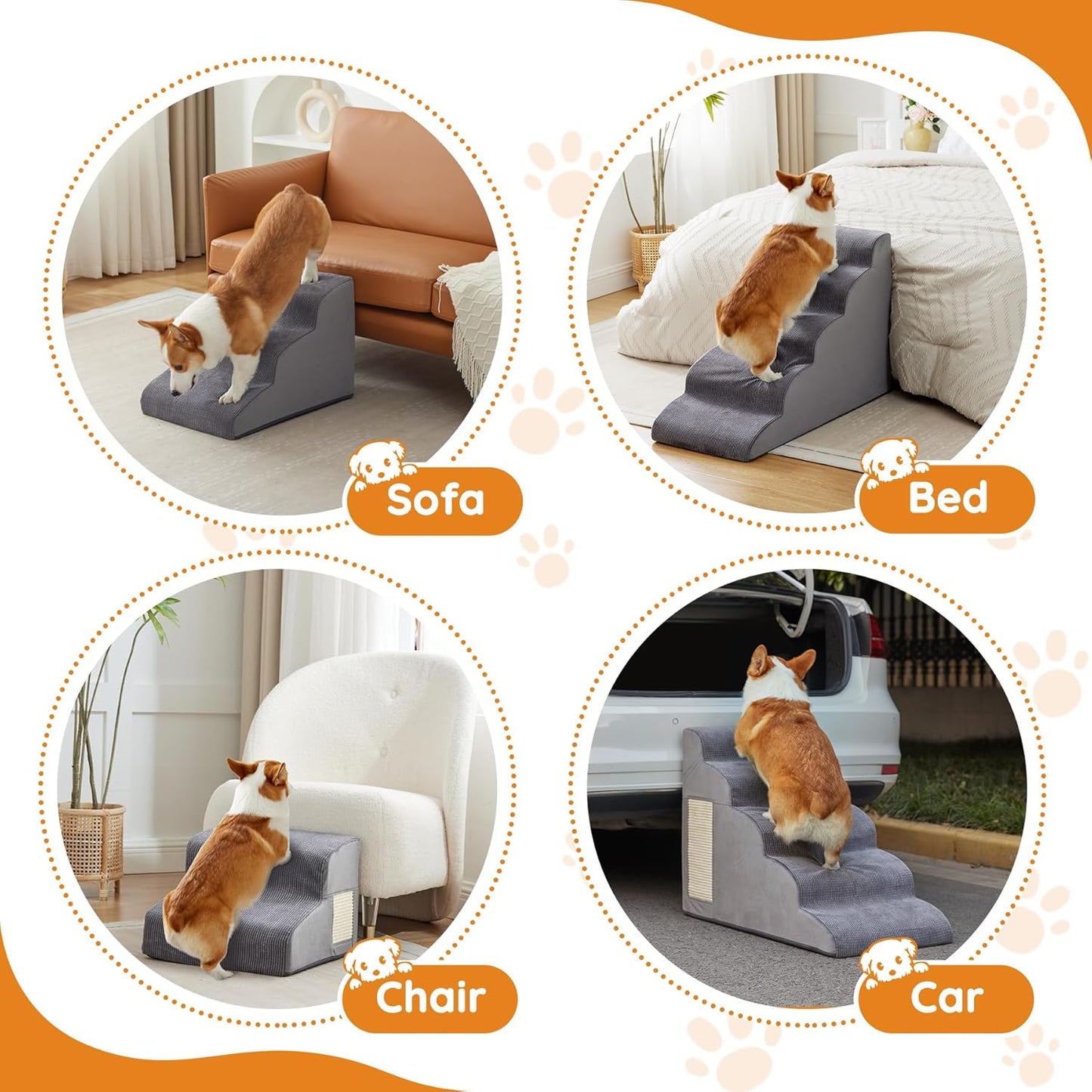 Pet Stairs, Dog Stairs for Small Dogs, Dogs Steps, 3-Step Curved Dog Ramp for Bed, Couch, Sofa, Car and Chairs, Non-Slip Bottom Design, Cat Scratching Board, High Density Foam Portable Pet Step, Grey