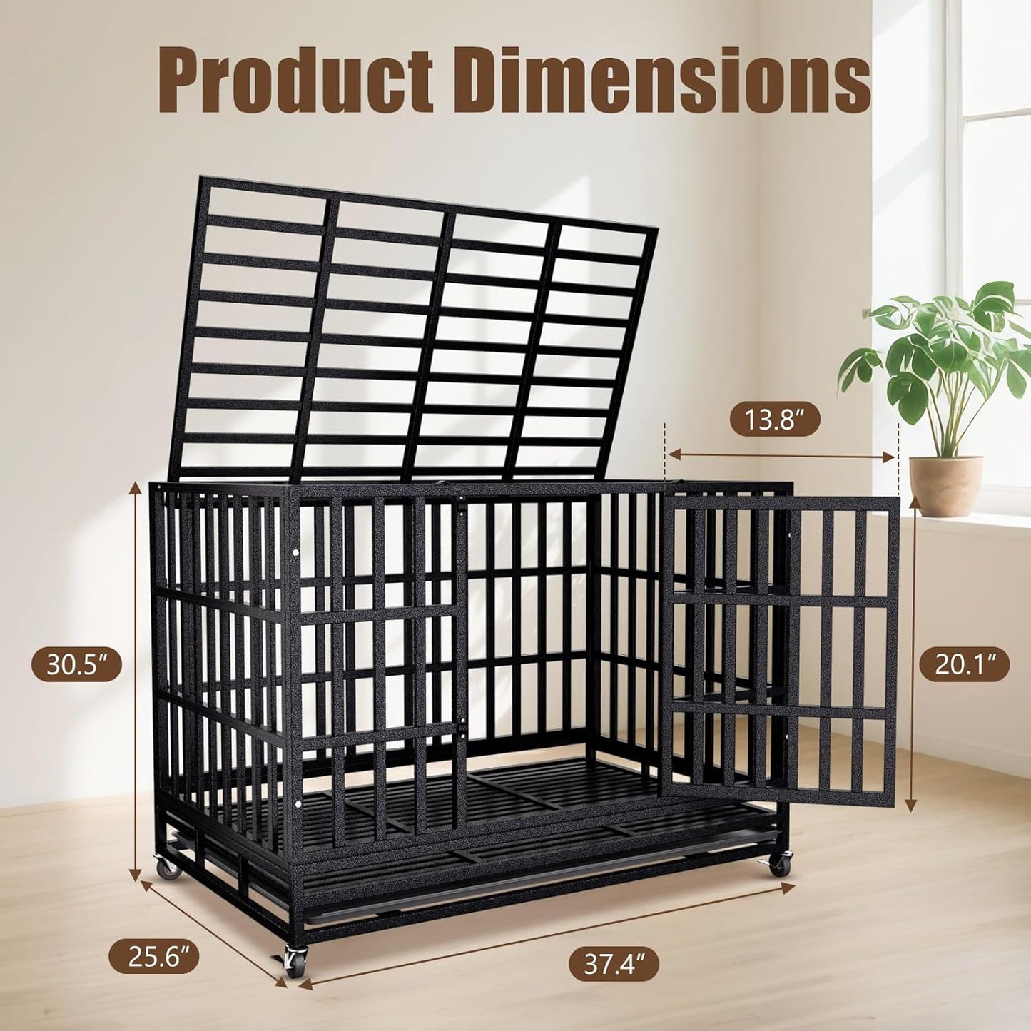 38 Inch Heavy Duty Dog Crate for Large Dogs,Upgraded Escape-Proof Kennel with Chew-Resistant Metal & Reinforced Base, Double Door Cage with Wheels & Removable Tray, Holds Up to 200lbs