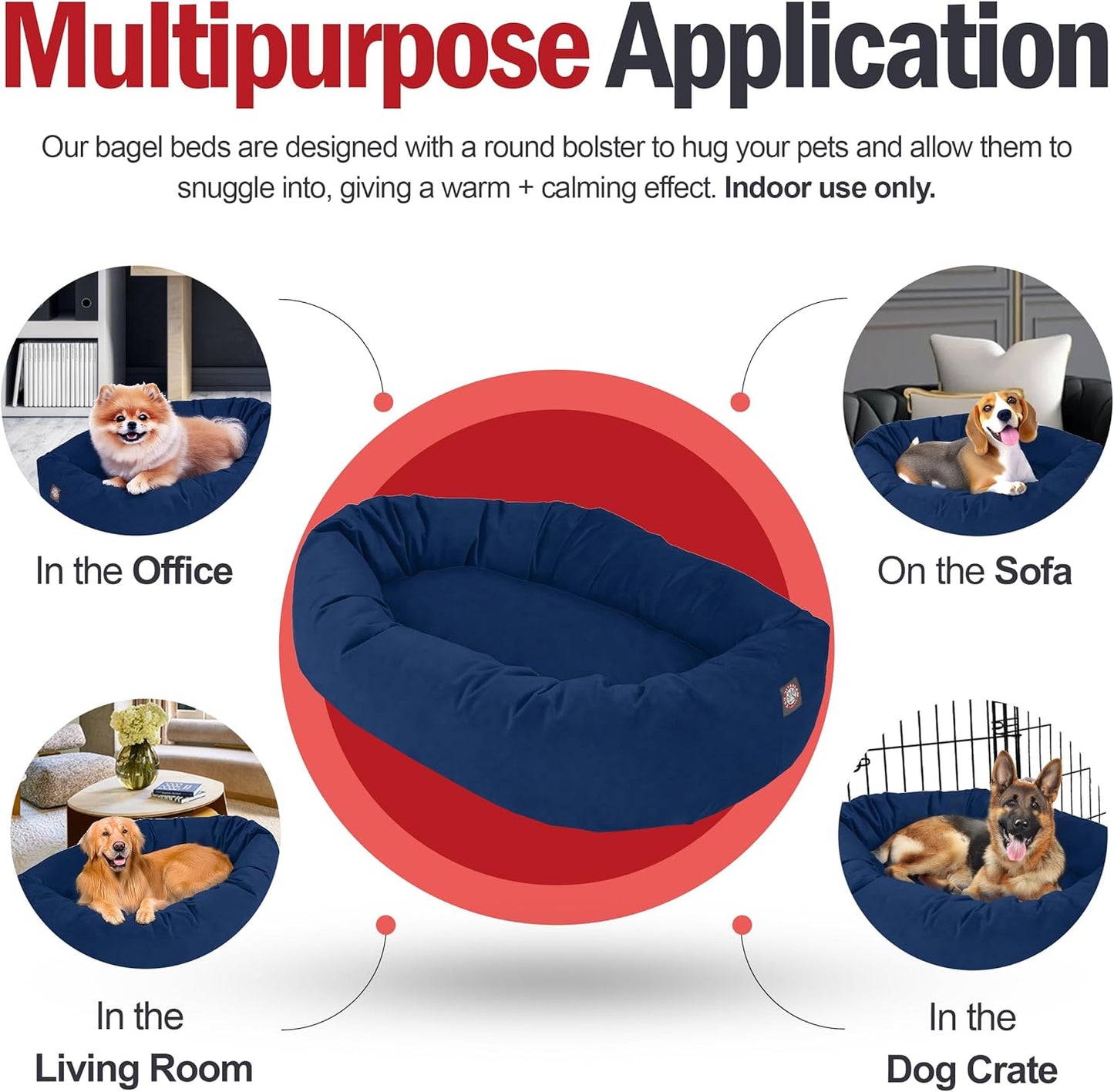 Majestic Pet 40 Inch Suede Calming Dog Bed Washable 40x29x9 (Inch) – Cozy Soft Round Donut Dog Bed with Spine Support for Dogs to Rest Their Head - Pet Bed Large – Navy (2025)