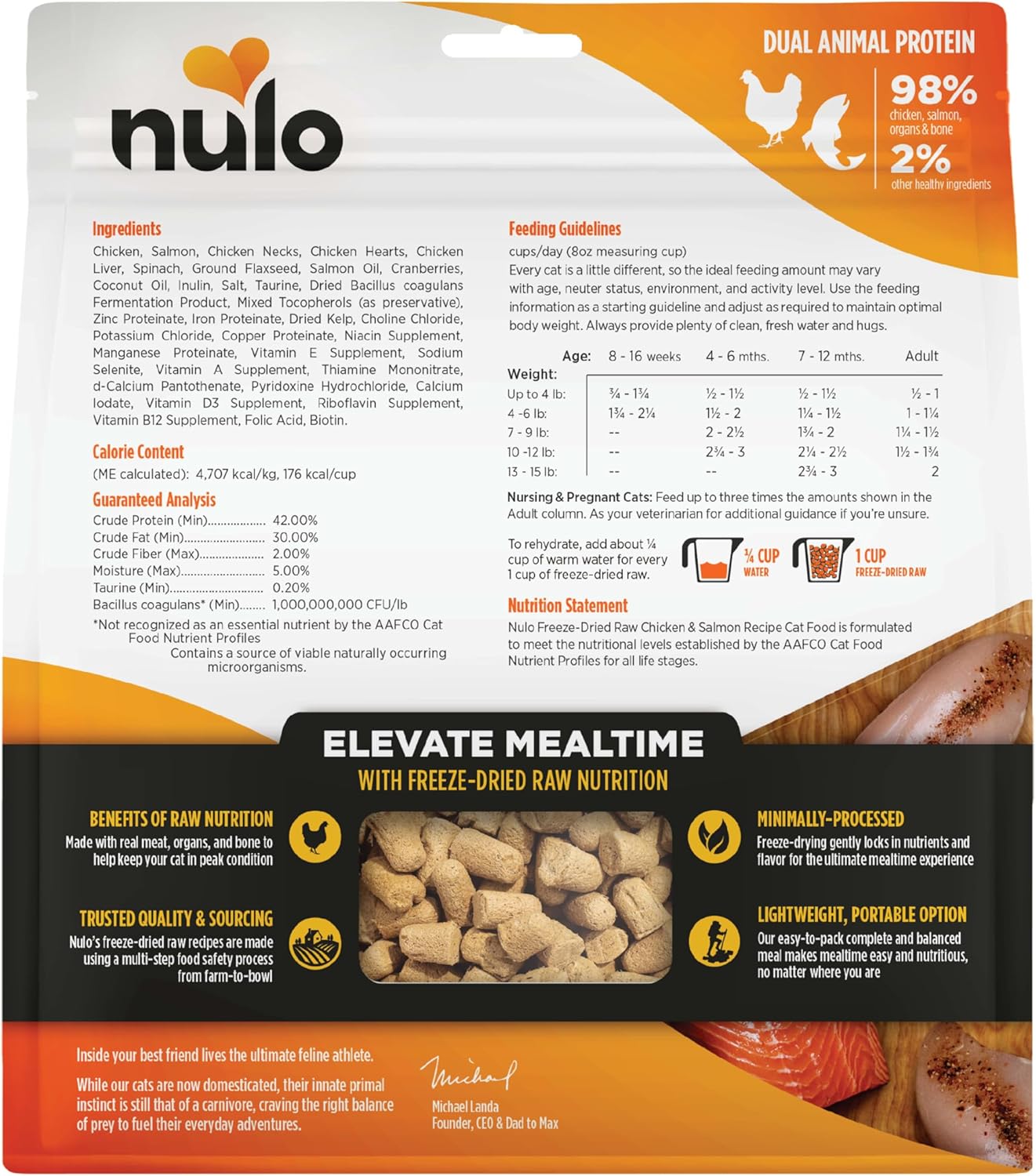 Nulo Freestyle Freeze-Dried Raw, Ultra-Rich Grain-Free Dry Cat Food for All Breeds and Life Stages with BC30 Probiotic for Digestive and Immune Health, Chicken & Salmon, 16 Ounce