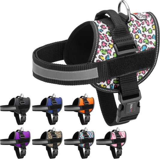 Dogline Dog Harness, Reflective No-Pull Adjustable Vest with Handle for Walking, Training, Breathable, No - Choke Harness for Small, Medium or Large Dogs Room for Patches Leopard Rainbow XL 33"-46"