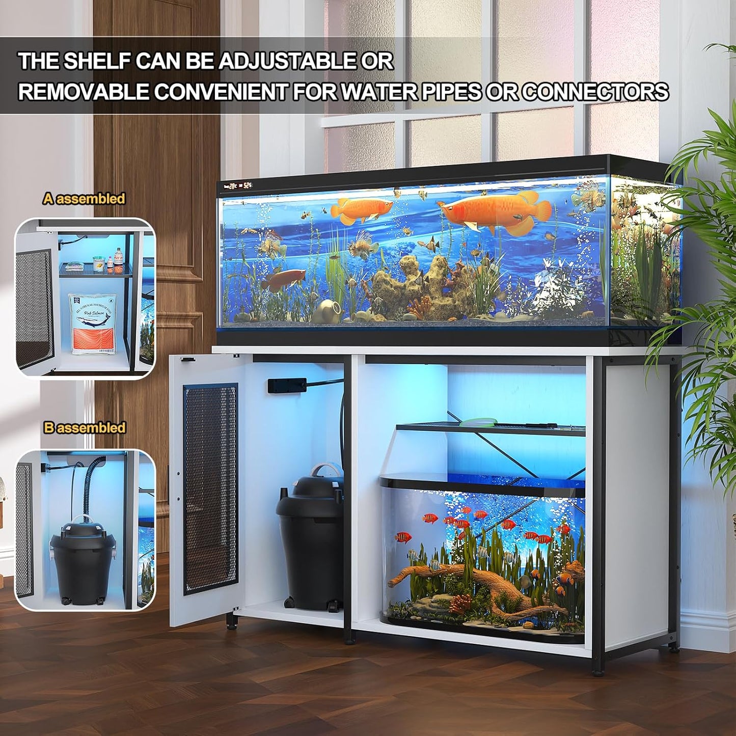 55-75 Gallon Fish Tank Stand with Power Outlets & LED Light, Reversible Heavy Duty Metal Aquarium Stand with Cabinet for Fish Tank Accessories Storage, Turtle/Reptile Terrariums, White