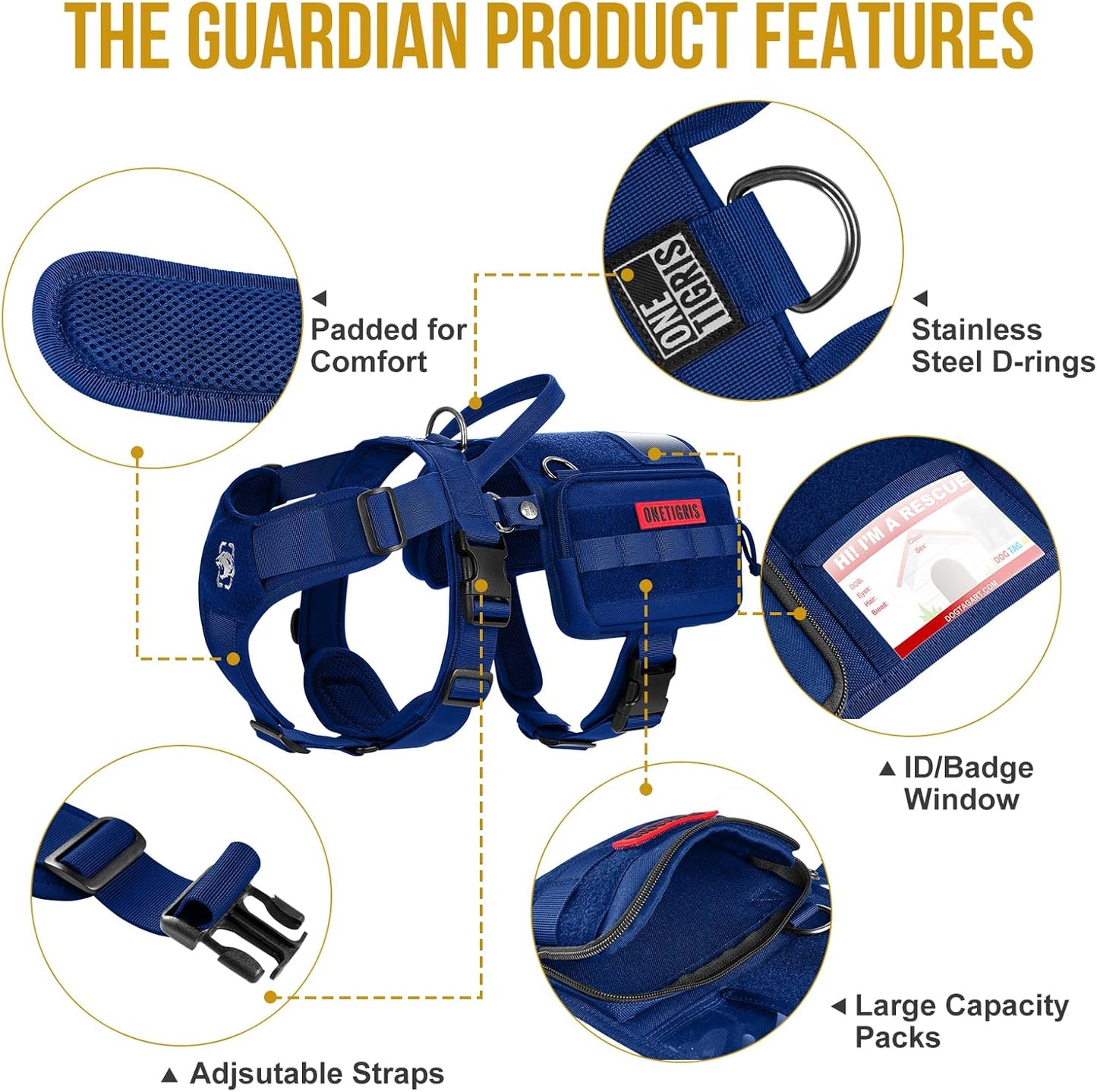 OneTigris Service Dog Vest Harness, Service Dog Cape Guardian Dog Backpack Harness with Pouches Dog Saddle Bag for Small Medium and Large Dogs (Blue, Small)