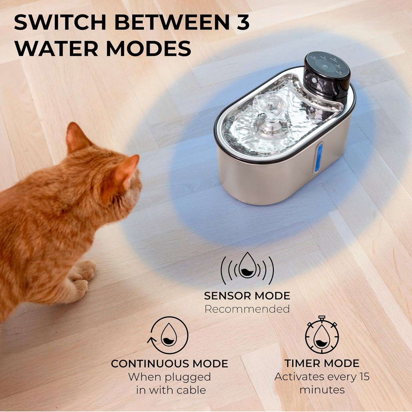Wireless Cat Water Fountain Stainless Steel, 5200mAh Battery, Ultra Quiet, Automatic Pet Water Dispenser, 108oz/3.2L, Two Flow Modes, BPA-Free, Multi-Filtration, Includes 2 Filters - Black