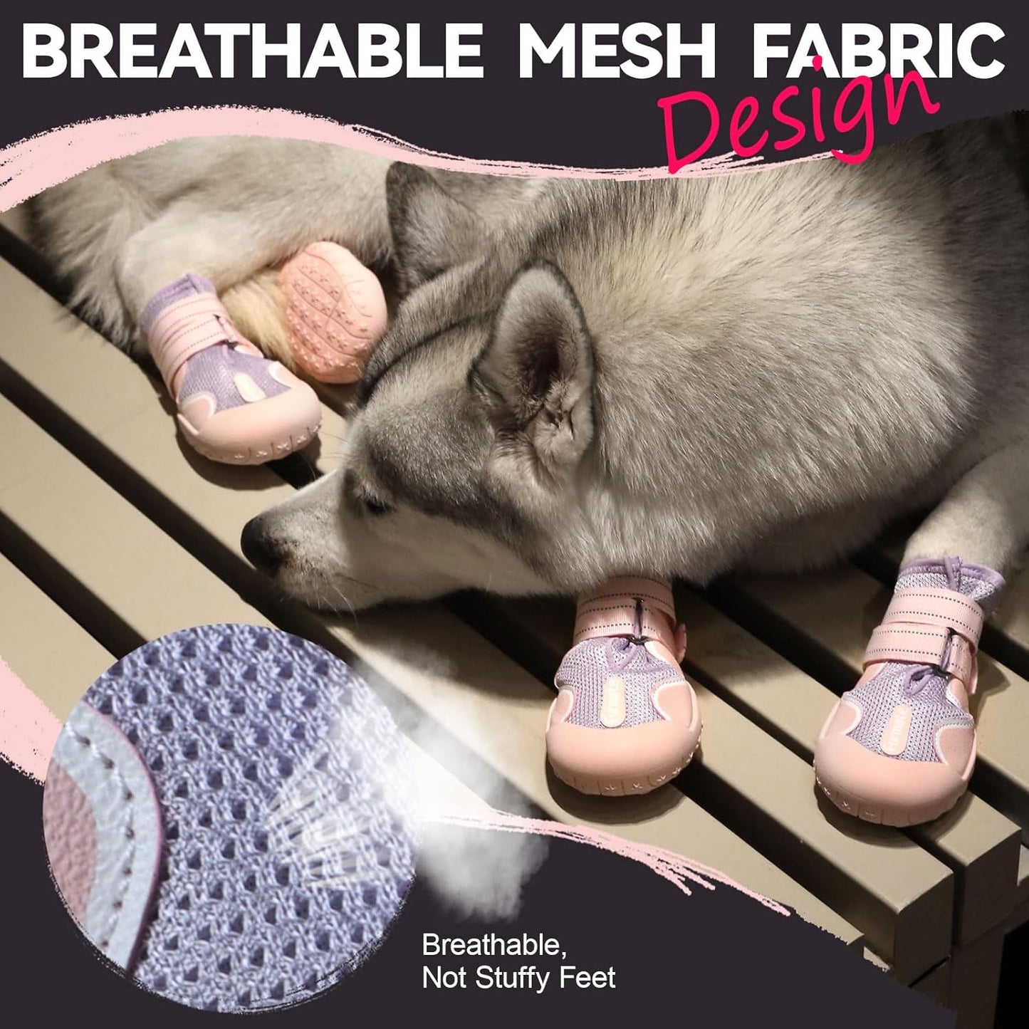 Dog Shoes for Large Small Medium Dogs, Breathable Mesh Dog Boots & Paw Protectors for Summer Hot Pavement Winter Snow, Waterproof Anti-Slip Dog Booties for Hiking Hardwood Floors(Pink-Purple6)