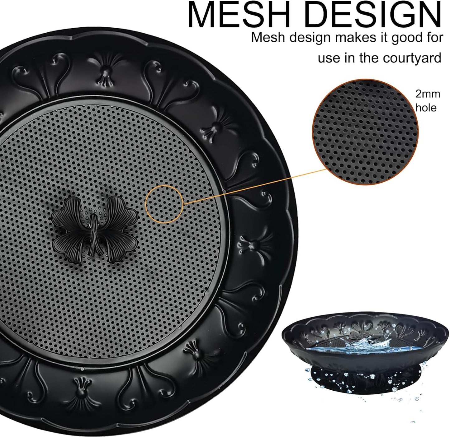 Ground Platform Bird Feeder Tray,11” Metal Large Standing Bird Feeder Mesh Seed Tray，for Outdoor Garden (Black-2 Pack)