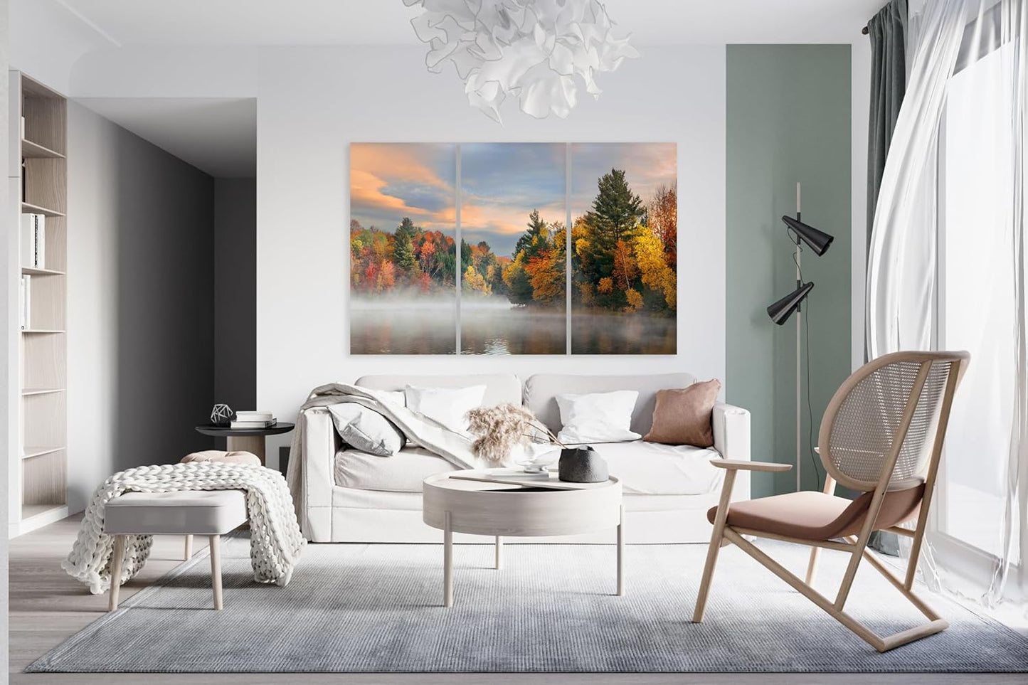 Nature Wall Art Prints - Ocean Forest Mountain Lake Canvas Landscapes - Small to Extra Large Living Room Bedroom Kitchen Bathroom Décor (Misty Fall Reflection, 39L" x 59W" - 3 Panels)