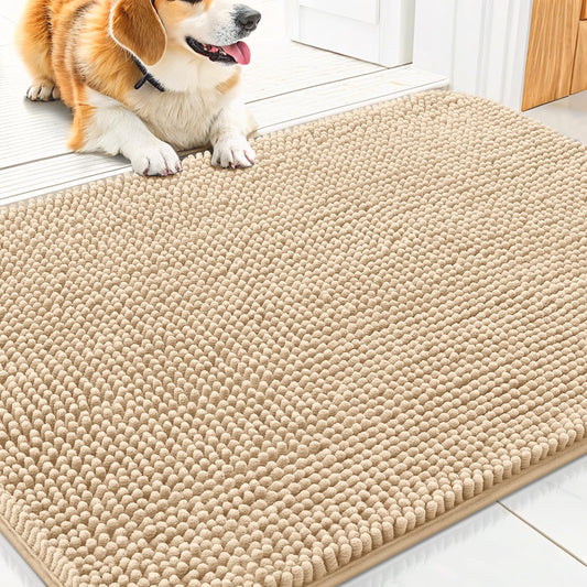 Smiry Dog Door Mat for Muddy Paws 30x17, Absorbs Moisture and Dirt Doormat, Non-Slip Washable Quick Dry Chenille Front Door Mat Indoor Entrance, Entryway Carpet for Inside Floor, Beige