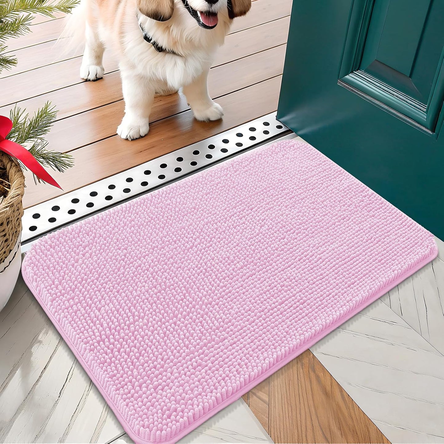 OLANLY Dog Door Mat for Muddy Paws 24x16, Absorbs Moisture and Dirt, Absorbent Non-Slip Washable Doormat, Quick Dry Chenille Mud Mat for Dogs, Entry Indoor Entryway Carpet for Inside Floor, Pink