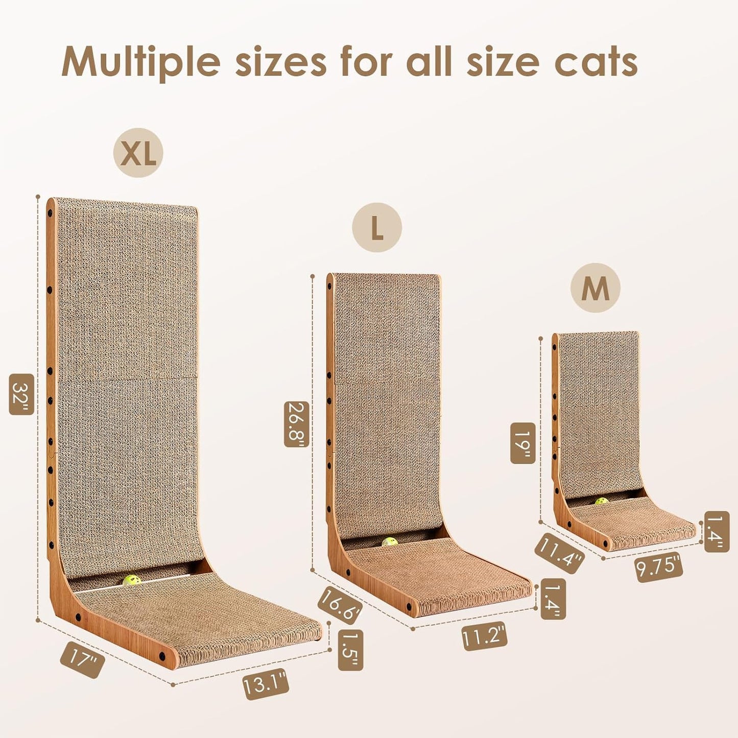 EHEYCIGA Cardboard Cat Scratcher for Indoor Cats, 26.8 Inch L Shaped Vertical Cat Scratching Board with Ball Cat Toy, Large Cat Scratcher Pad, Brown