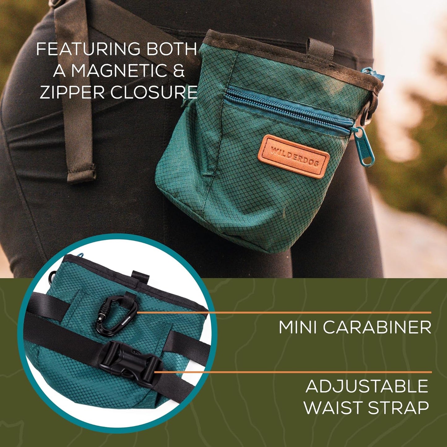 Wilderdog Dog Training Treat Pouch with Magnetic and Zipper Closure, Carabiner Attached, Adjustable Waist Strap - Green