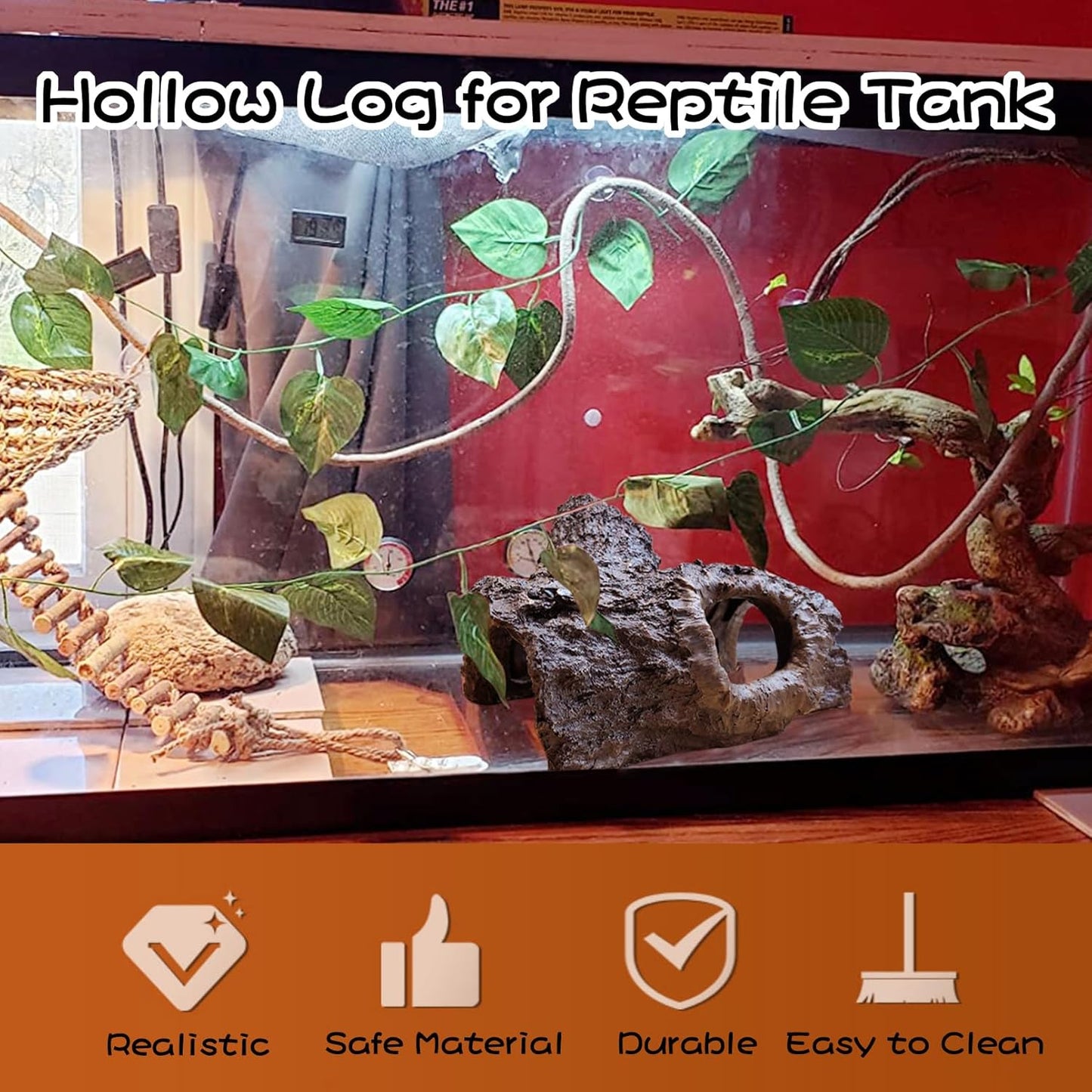 Tfwadmx Leopard Gecko Hide, 7" Reptile Hideout, Resin Simulated Hollow Log for Aquarium, Betta Fish Hideout, Reptile Tank Accessories for Corn Snakes, Young Lizards, Hermit Crabs, Frogs