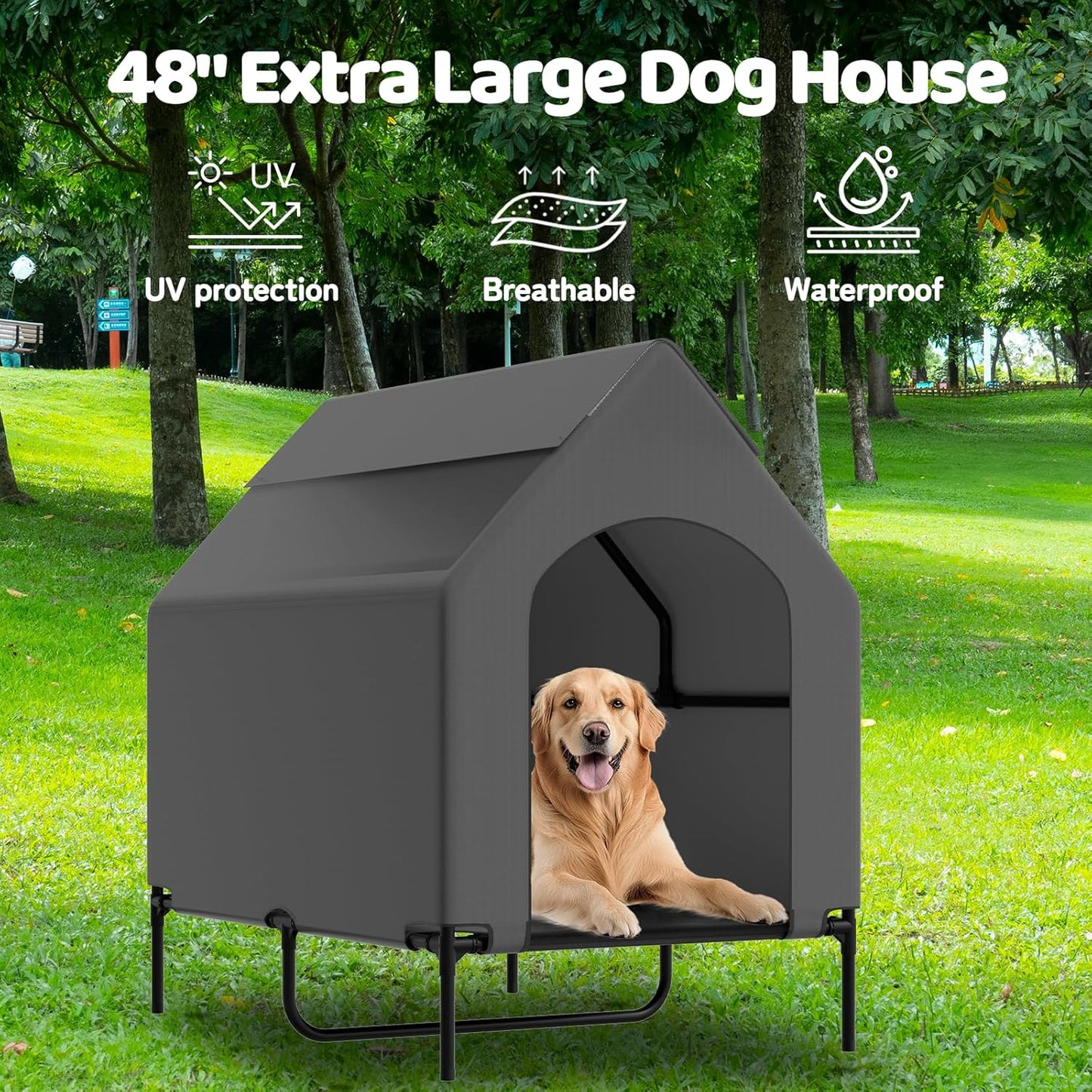 48” Extra Large Dog House-2-in-1 Extra Large Dog House with 8.5” Elevated Dog Bed-Weatherproof Waterproof Outdoor Dog House,Easy to Clean