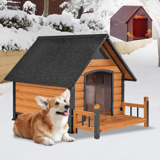 GUTINNEEN Insulated Dog House Outdoor, Waterproof Dog Kennel with Anti-Bite Design, Asphalt Roof, Elevated Base, PVC Curtain, for Small to Medium Dogs - Brown