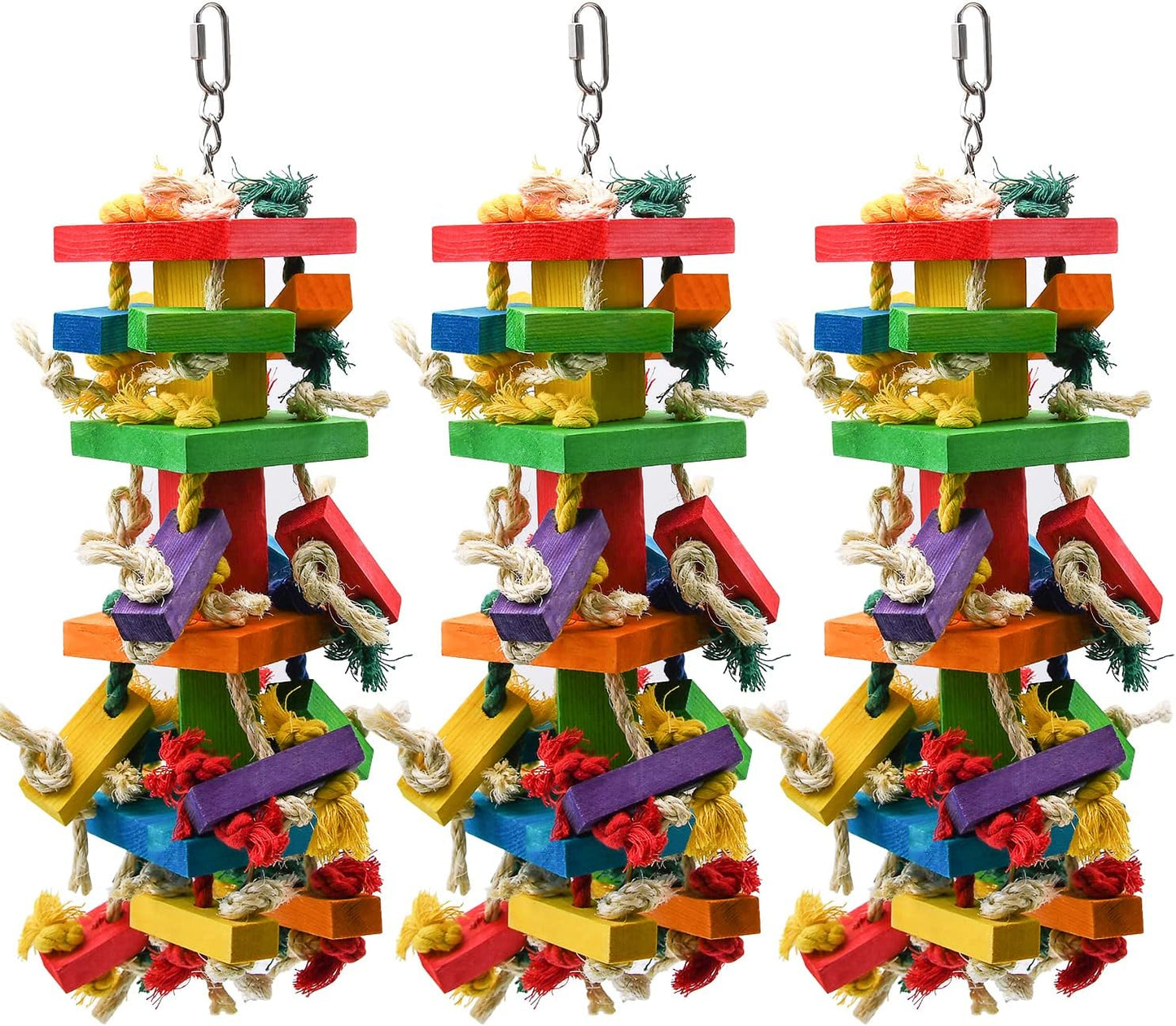 RUBY.Q 3 Pack Large Parrot Toy, 20in Bird Parrot Toy, Multicolor Natural Wooden Bird Chewing Toys for Large Macaws, African Grey and a Variety of Amazon Parrots