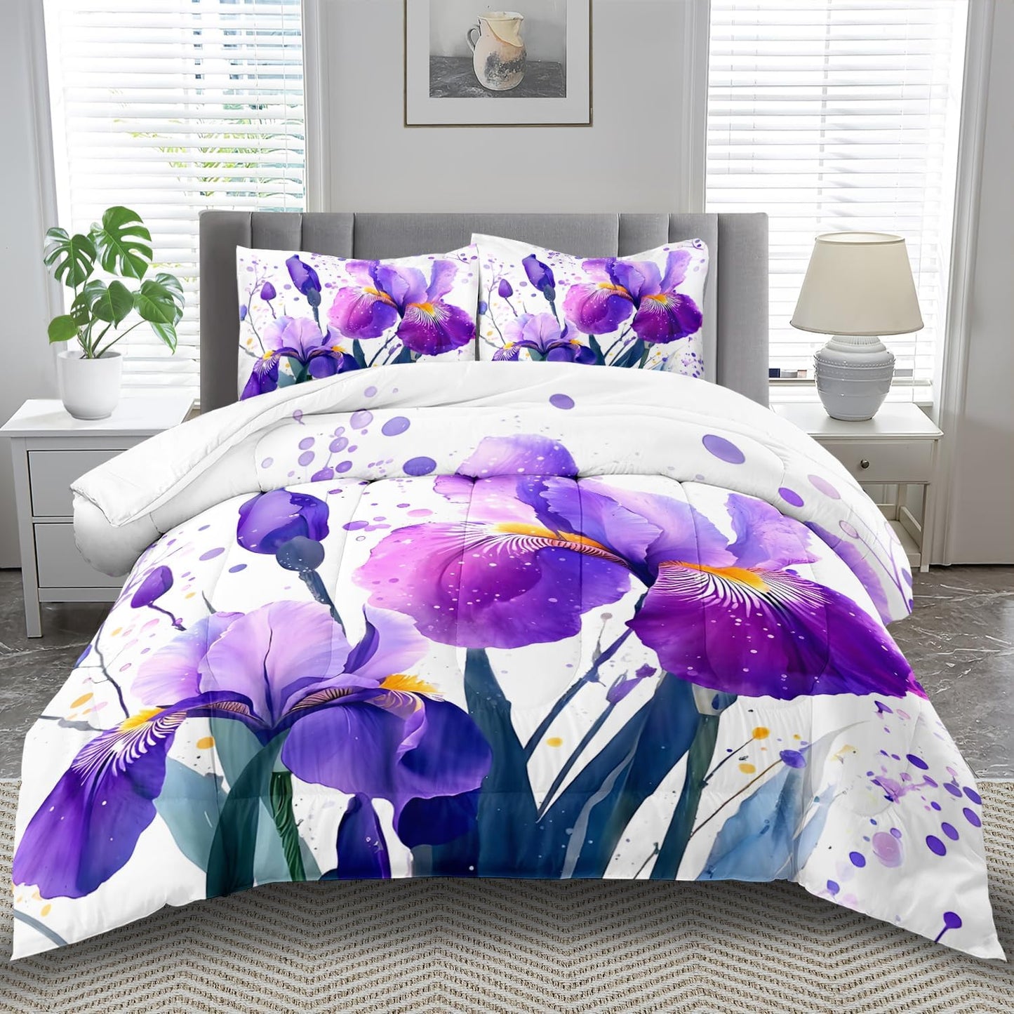 Purple Floral Comforter Set King Size Woman,Purple Iris Comforter for Girls,Pink Flower Bedding Set King Bedroom Decor,Floral Bedding Quilt Bed Decor Pink for Kids and Adults