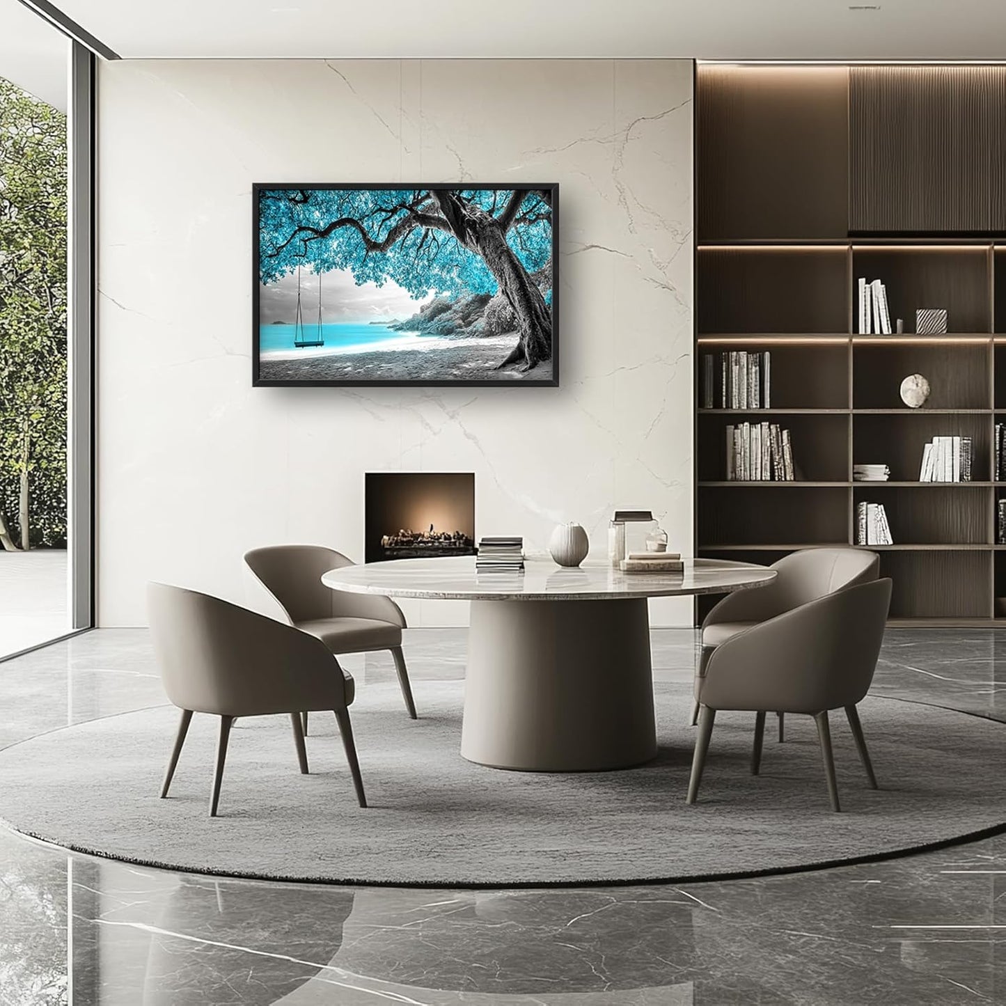 Extra Large Framed Abstract Tree Wall Art,Black and White Tree of Life Wall Decor,Blue Teal Sea Pictures for Living Room,Canvas Print Painting Modern Artwork Bedroom Office Bathroom 36L x 24W