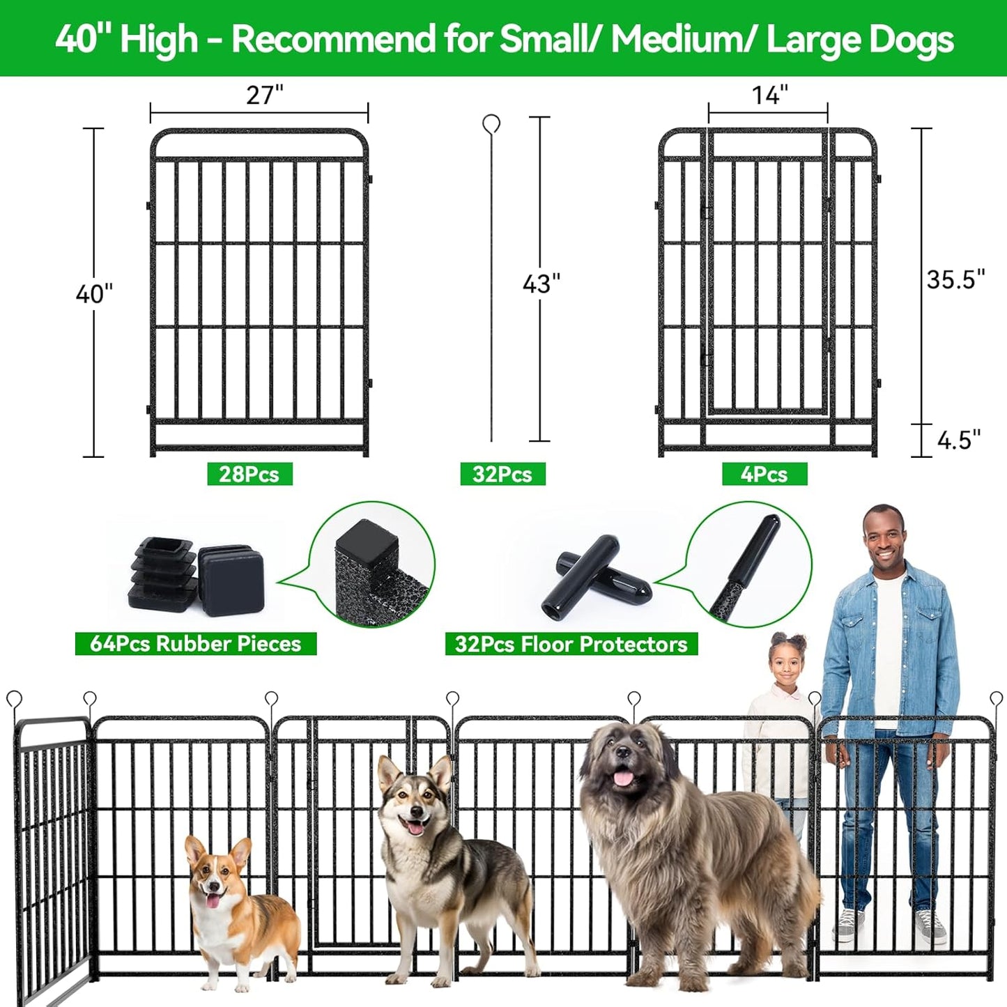 Dog Playpen Outdoor 32 Panels Heavy Duty Dog Fence 40" Height with Thick Pipe Anti-Rust with Doors Portable for RV Camping Yard, Total 71FT, 406 Sq.ft, Snowy Black