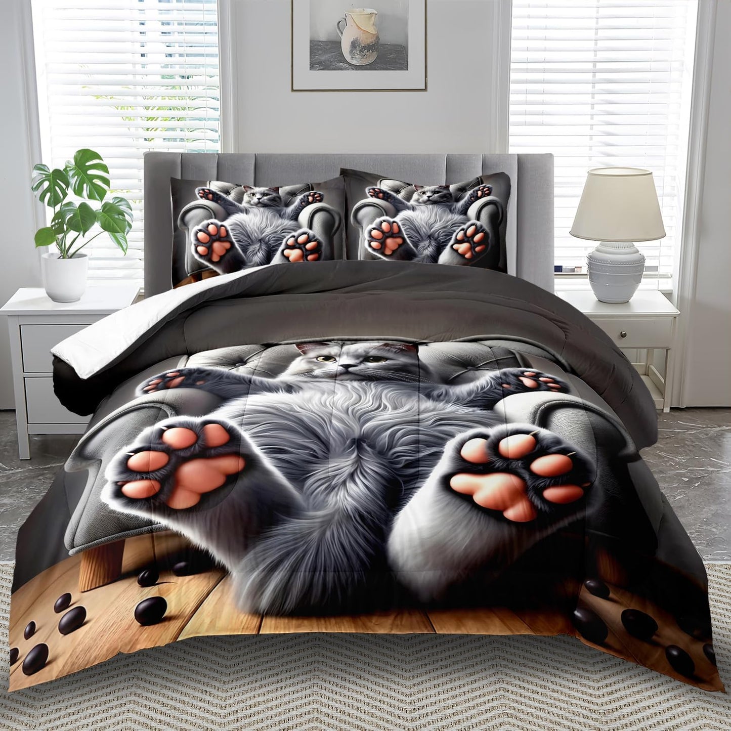 Cute Cat Comforter Set Queen,Grey Kawaii Cat Bedding Set Adult,Cute Animal Comforter for Boy,American Shorthair Bedding Grey,Kawaii Animal Print Quilt Bedroom Decor Kids