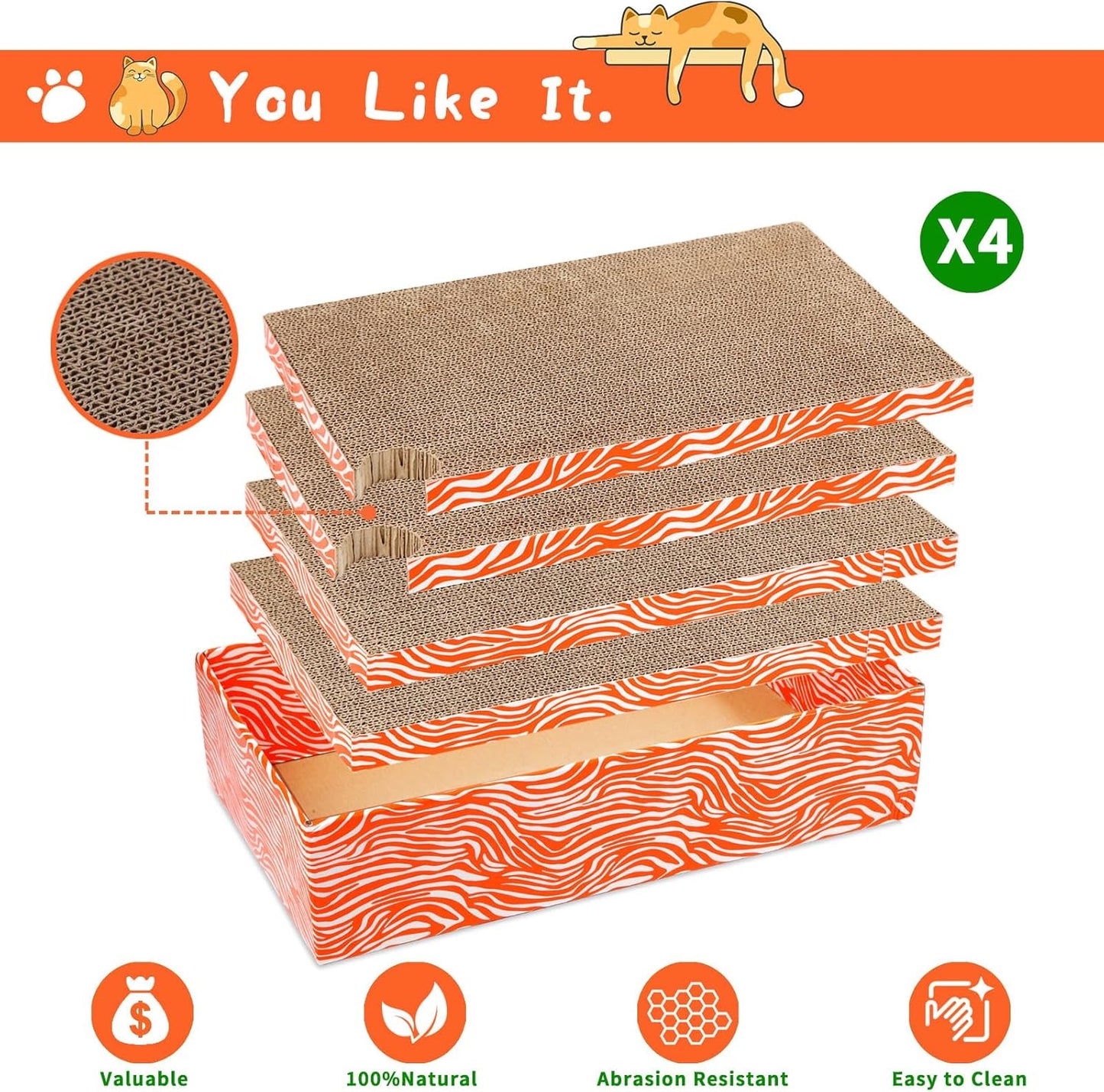 Cat Scrather Box with 4 pcs Large Scratching Cardboard and Toy Ball, Catnip, 4 in 1 Large Refillable & Reversible Cat Scratcher Pad, Cardboard Cat Bed for Big Medium Small Lazy Kitty