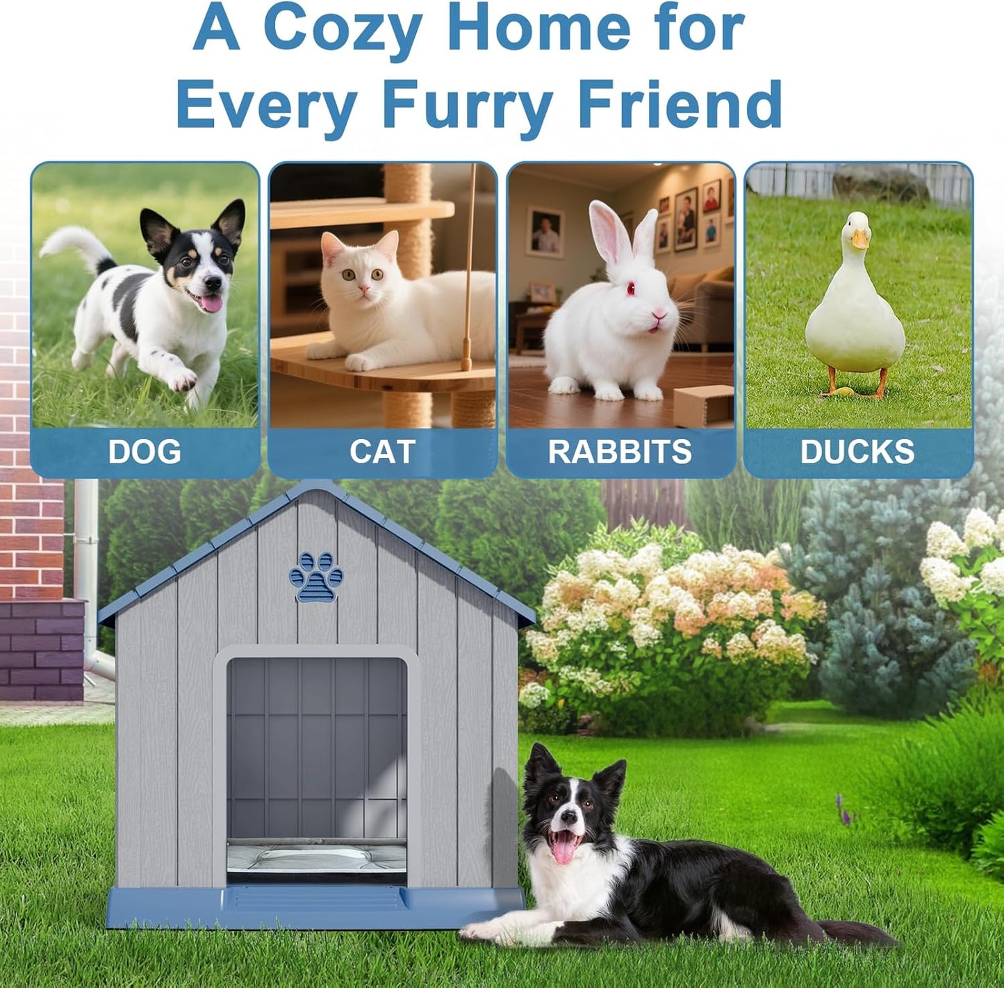 Dog House Indoor Outdoor for Small to Large Sized Dogs Resin Outdoor Dog House with Ventilation Puppy Shelter with Elevated Floor, Easy to Assemble, Blue