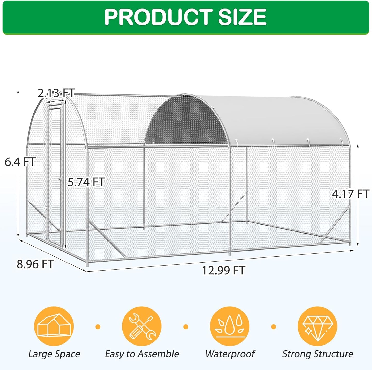 Large Metal Chicken Coop, Walk-in Chicken Run Pen with Waterproof Cover, Dome Roof Poultry Cage for Outdoor, Backyard, Farm (8.96'Wx12.99'Lx6.4'H)
