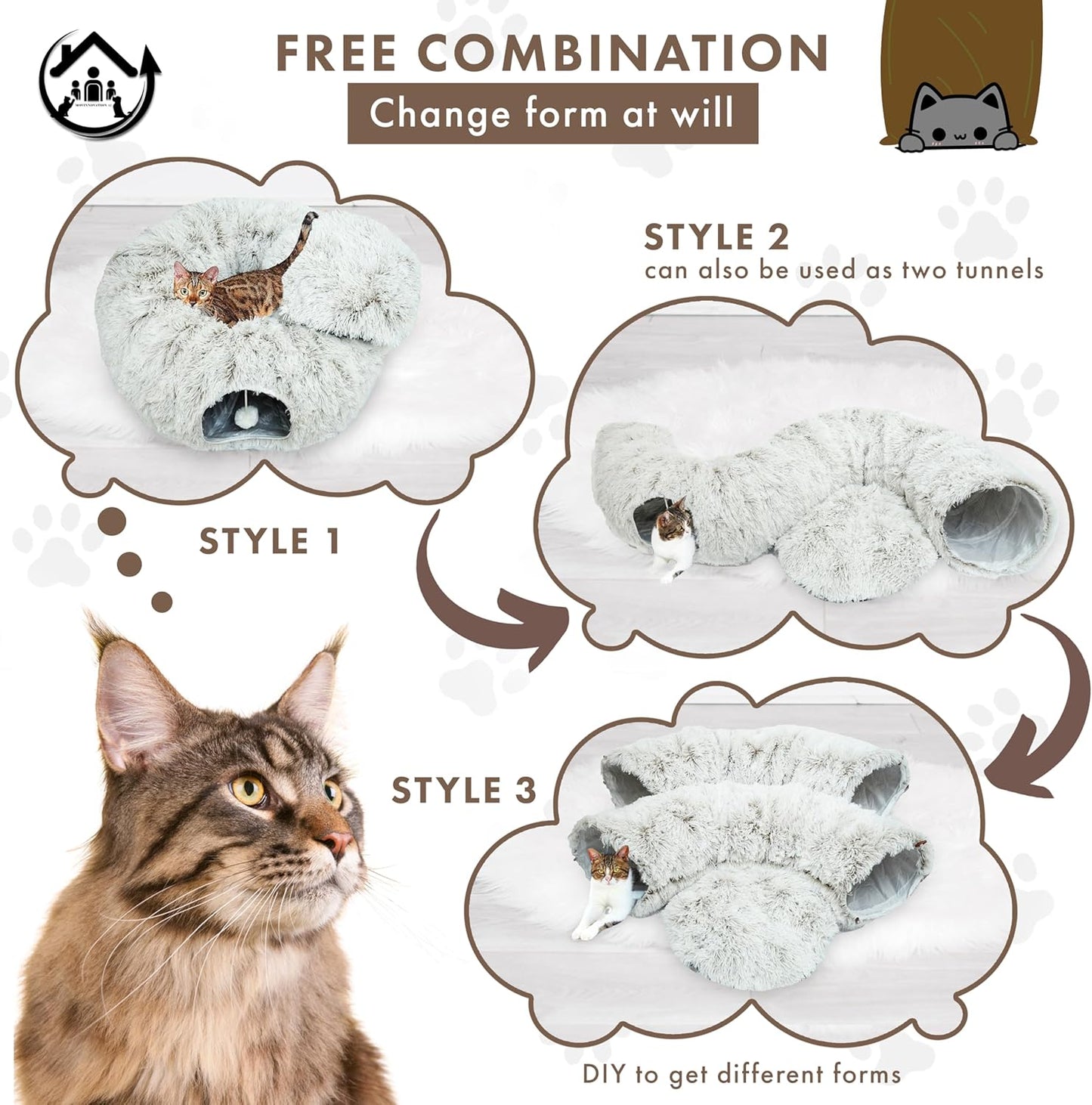 Large Cat Tunnel Bed for Indoor Cats Warm Fluffy Plush Cat Cave Tunnel Bed Collapsible, Washable, 3 Way and Multifunctional with Dangling Balls for Cats, Kittens and Rabbits- Brown