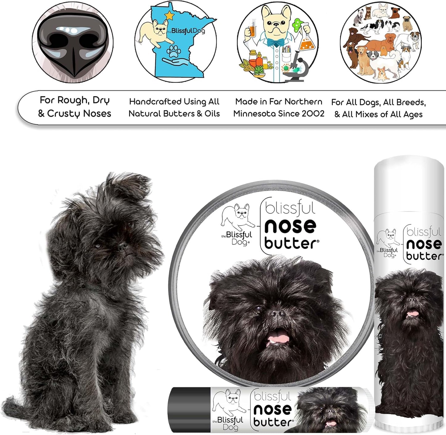 The Blissful Dog Affenpinscher Nose Butter for Dry, Cracked Skin, Lick-Safe Dog Nose Balm with Moisturizing Shea Butter, Almond, Olive, and Essential Oils, Pet Supplies, Uncented, 0.15 oz.