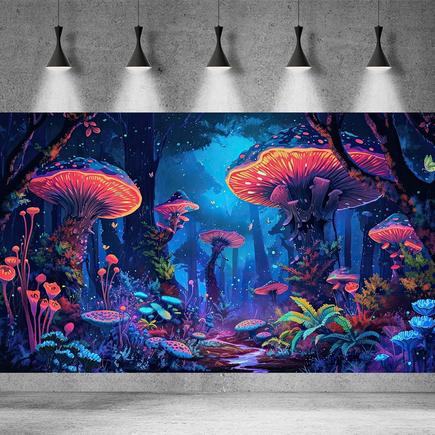 Mushrooms Aquarium Background Fantasy Bright Flowers Butterflies Fish Tank Backdrop Decoration Poster Trippy Wonderland Landscape with Giant Mystical Mushrooms Terrarium Background Decor 48x18in
