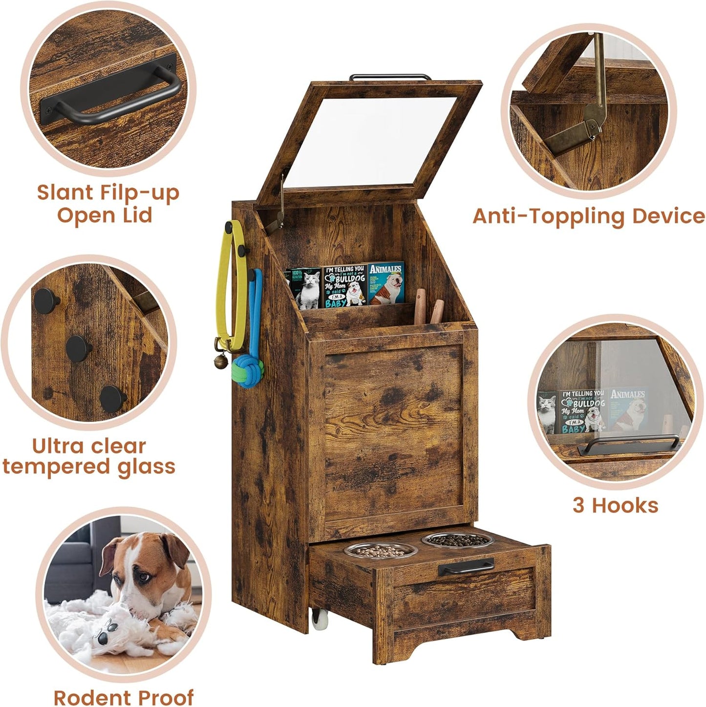 Dog Feeding Station with Storage - Large Capacity Dog Food Storage Cabinet with 2 Removable Stainless Steel Bowls, Flip Top Pet Food Container Toy Storage Organizer - Brown