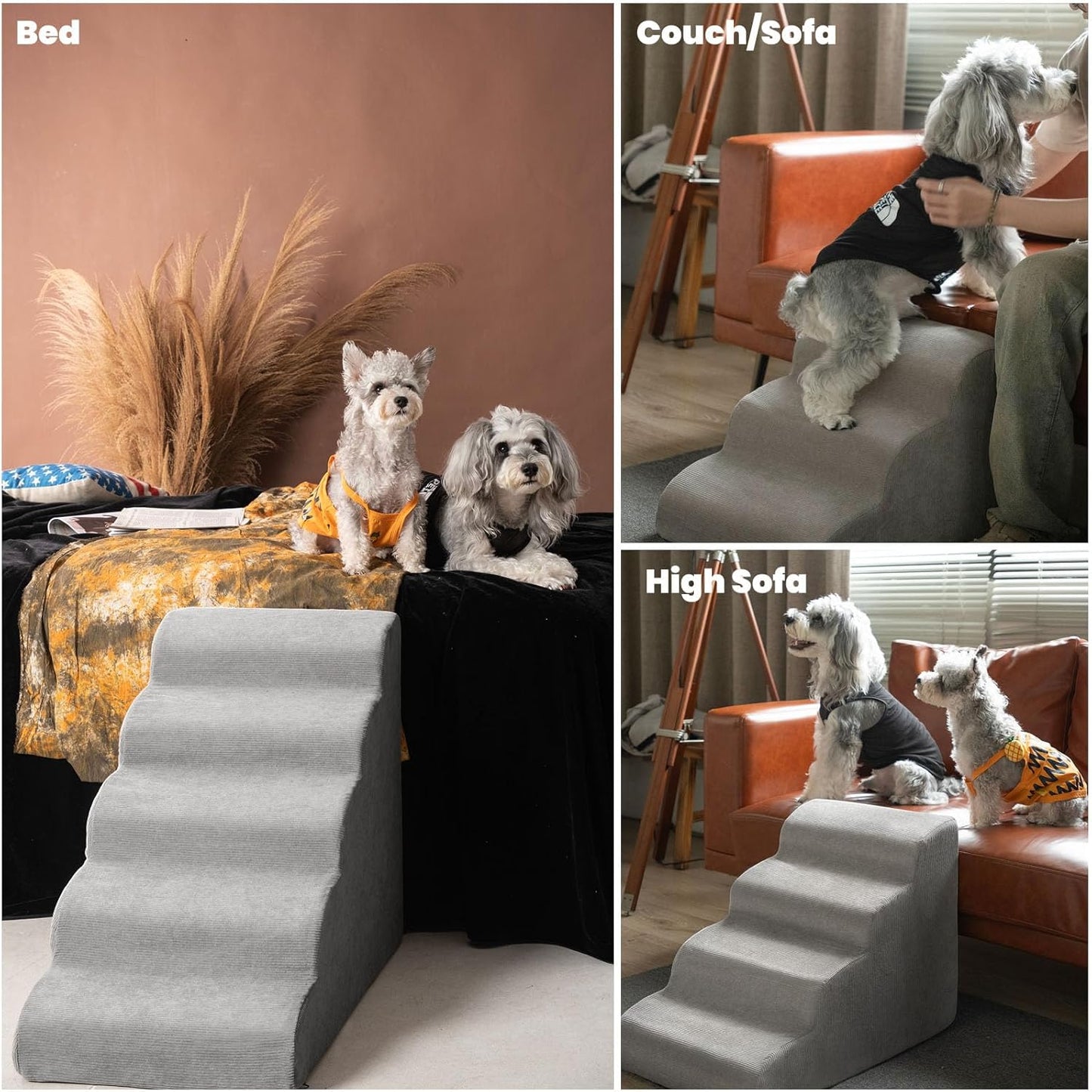 MEWANG Dog Stairs for Small & Medium Dogs and Old Cats –3/4/ 5 Steps High-Density Foam Pet Ramp for Bed & Couch, Non-Slip, Washable Cover, Grey (Round Corner, 3 Steps: 17.95''×14.96''×13.70'', 2)
